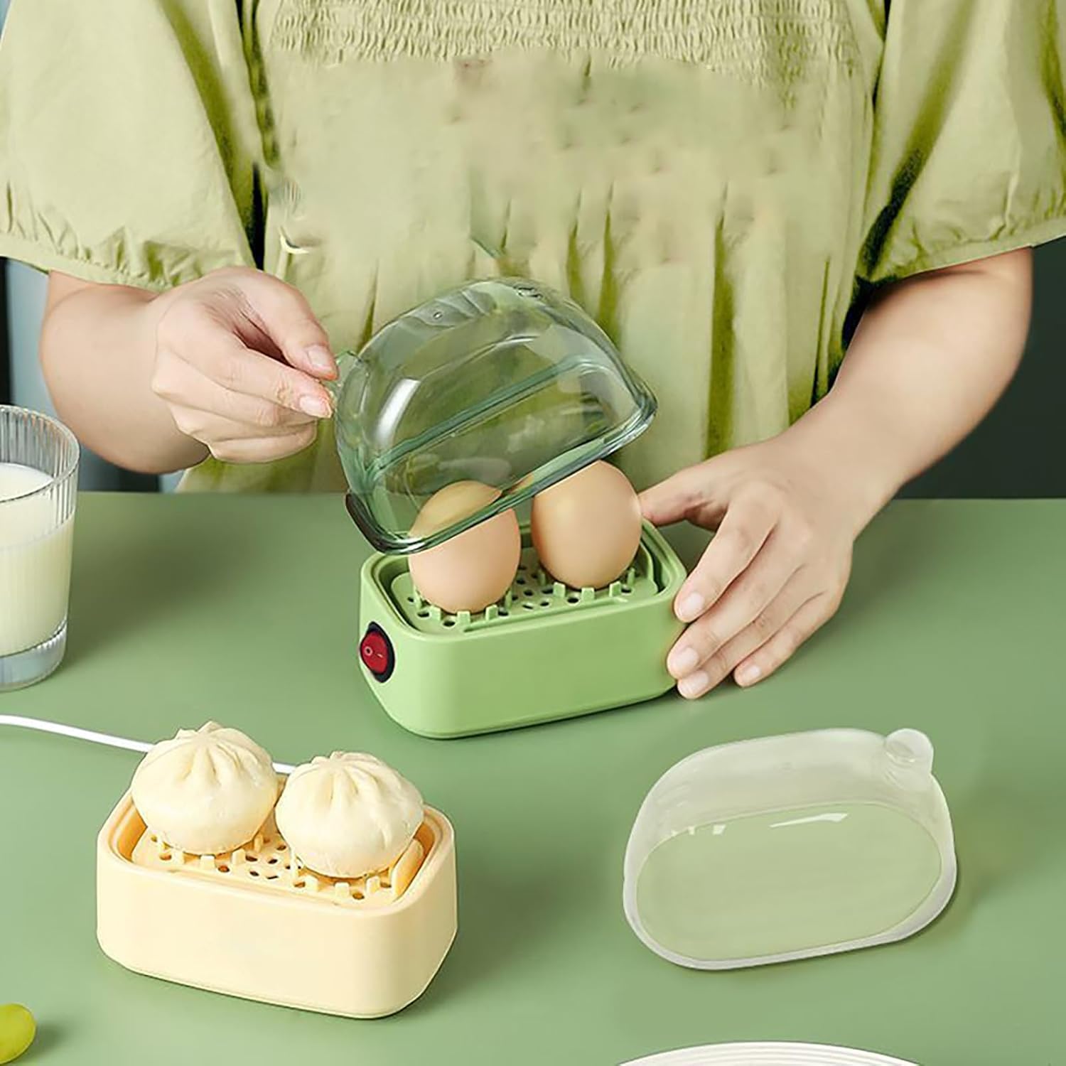 Electric Hard Boiled Egg Maker, Rapid 2-Egg Capacity Cooker, Timing Control, Detachable Egg Boiler for Quick and Easy Egg Cooking, Kitchen Gadget Green