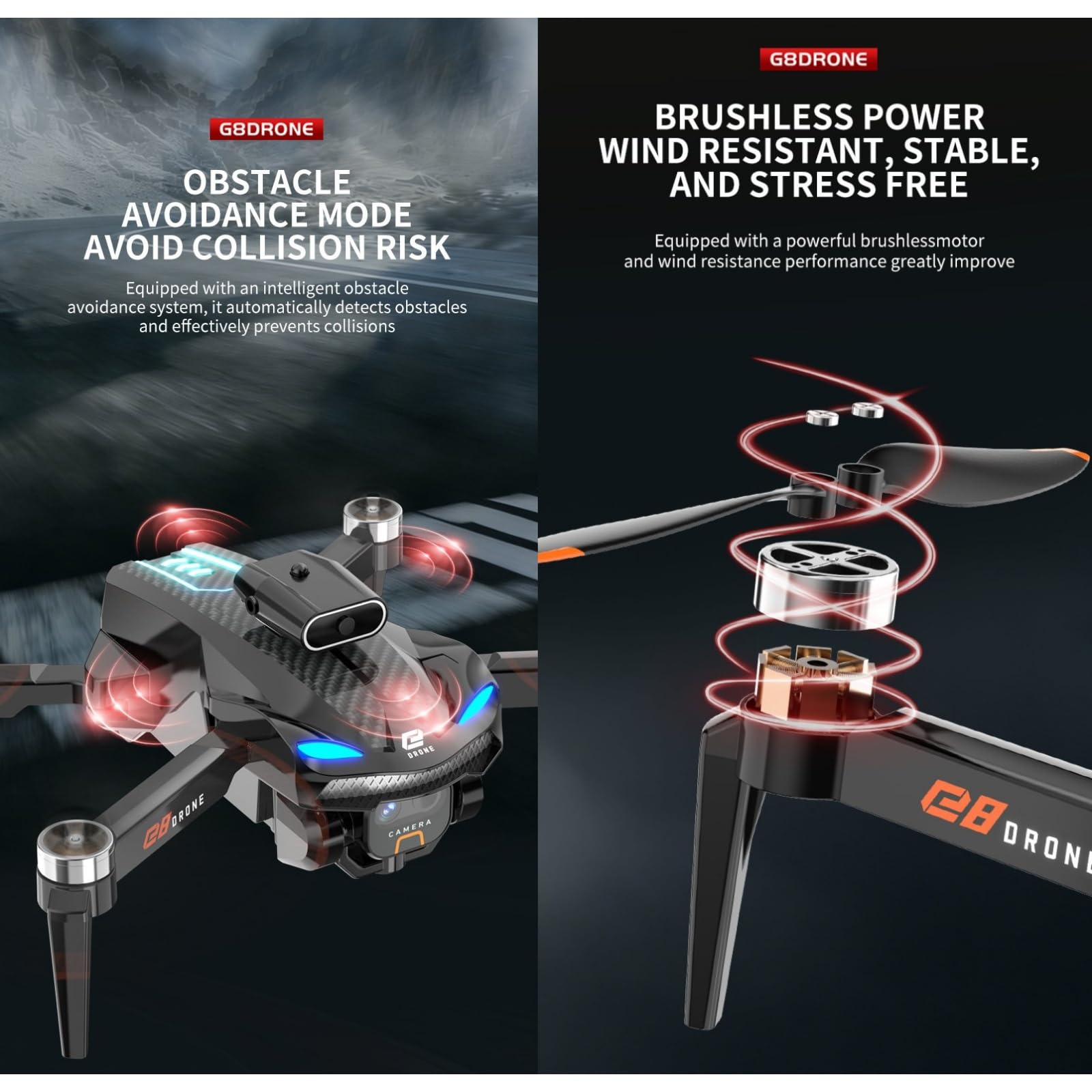 Drone con Evitamento Ostacoli Quadricottero RC Pieghevole | Drone G8 GPS, 5G WIFI FPV Brushless Flusso Ottico Evitamento Ostacoli ESC, Luci Colorate RC
