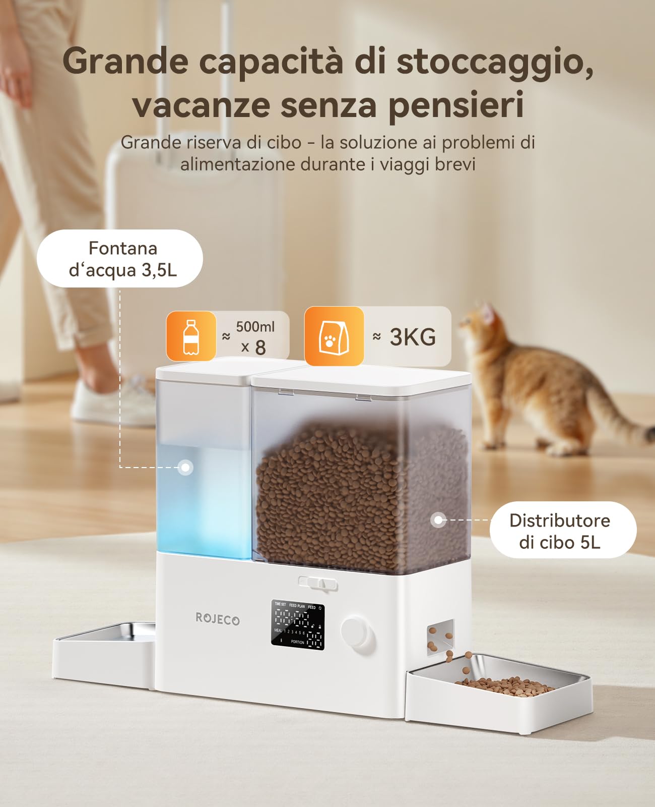 Rojeco Mangiatoia automatica 2 in 1 e distributore d'acqua, 5 l, per gatti + serbatoio dell'acqua da 3,5 l, distributore programmabile per gatti con display a LED, senza BPA, per animali domestici