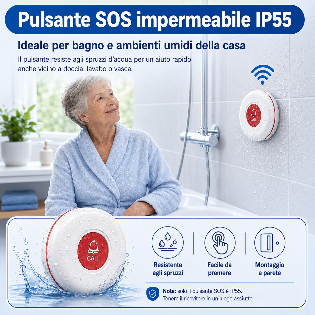 Daytech Salvavita Anziani, Pulsante Allarme Anzianicon 1 Ricevitore, 1 Pulsante SOS e 1 Braccialetto, Campanello Emergenza Anziani per Assistenza Domiciliare, 55 Suonerie, 5 Volumi, 150 m, IP55