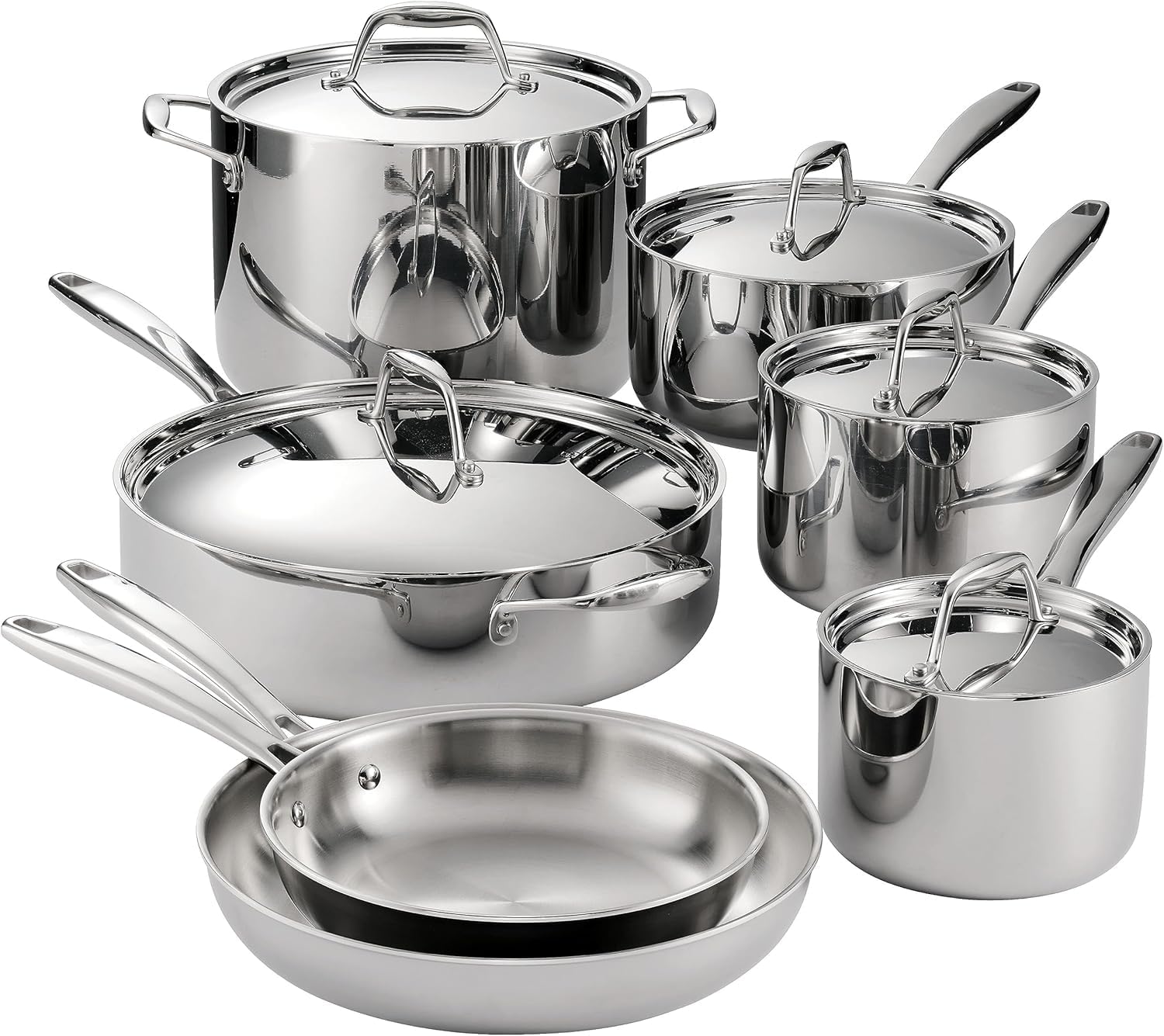 Trammantina Tri-Ply Clad Stainless Steel 12-Piece Cookware Set with Lids, Pots and Pans Kitchen Set, Induction-Ready, Dishwasher-Safe, NSF-Certified