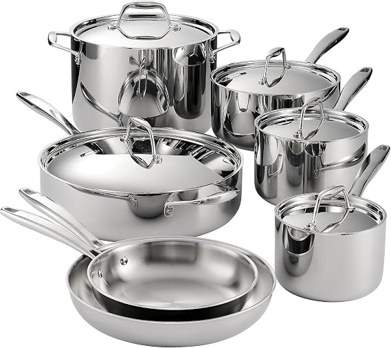 Trammantina Tri-Ply Clad Stainless Steel 12-Piece Cookware Set with Lids, Pots and Pans Kitchen Set, Induction-Ready, Dishwasher-Safe, NSF-Certified
