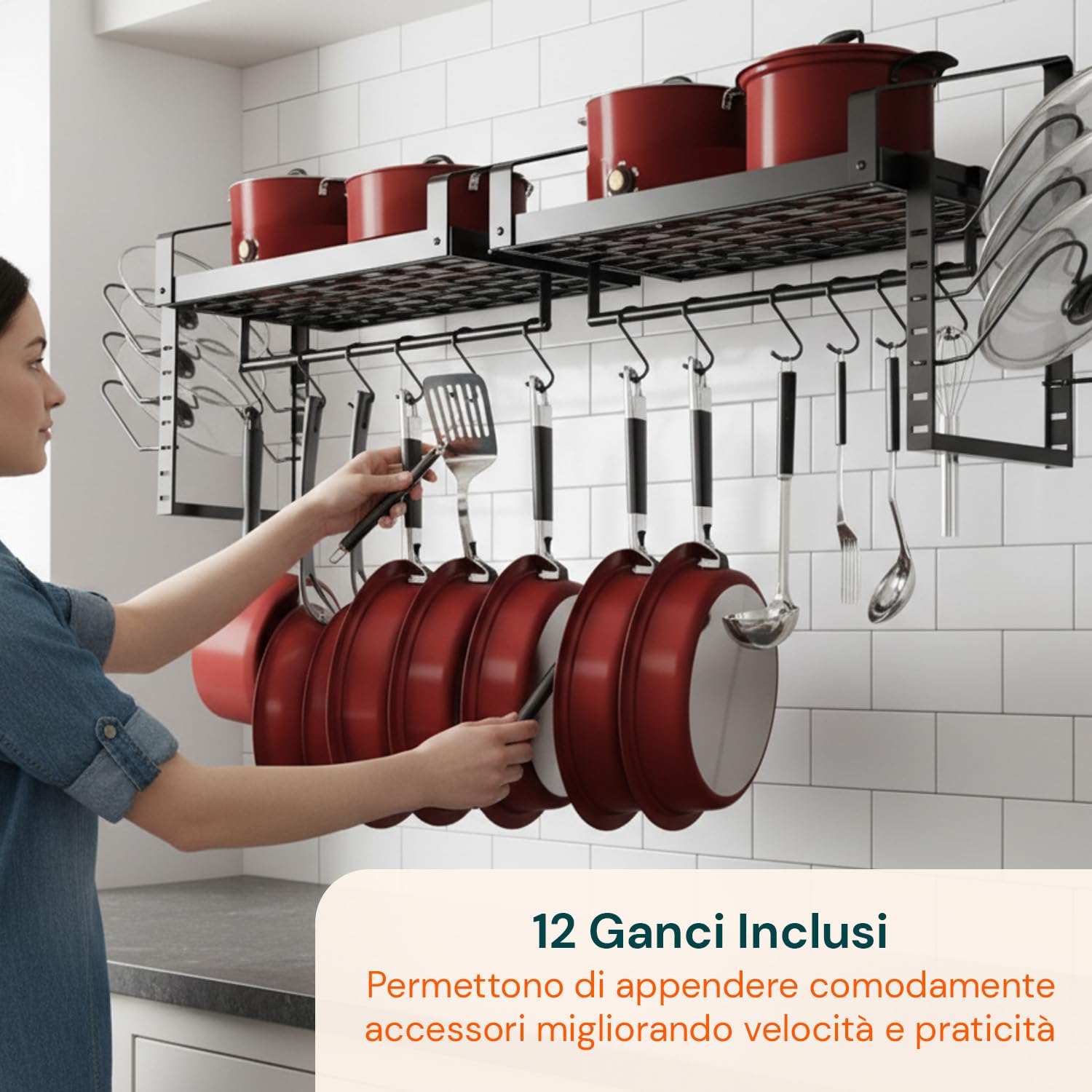 Wintem – Porta Pentole Coperchi Salvaspazio da Parete con Mensole e 12 Ganci, Organizer Cucina in Ferro per Pentole Coperchi e Mestoli, Sistema Verticale Robusto e Funzionale per Uso Quotidiano