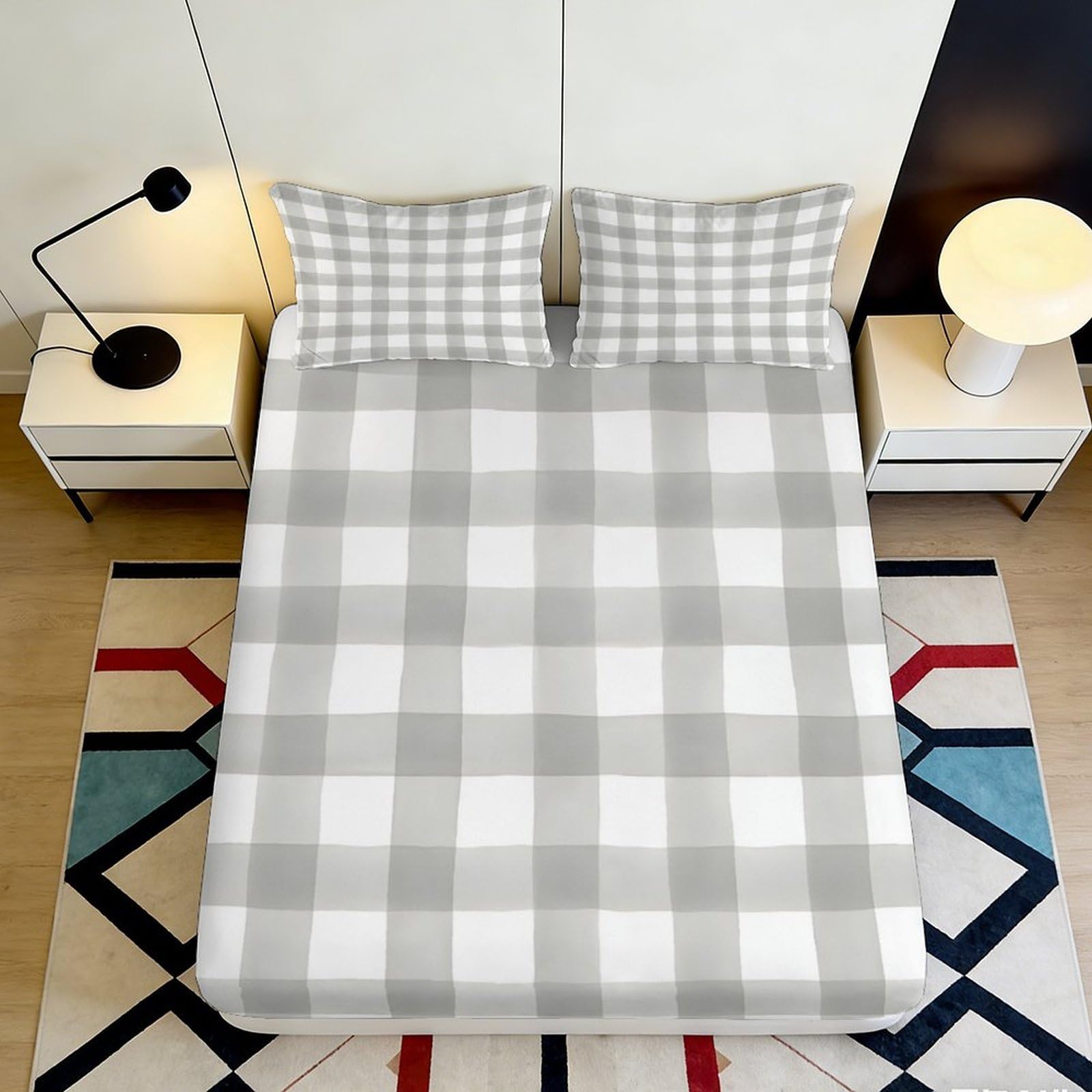 3D Printed Grey Check Fitted Sheet Microfiber Soft Breathable Plaid Bed Sheet for Bedroom Dormitory Guest Room Mattress Protection Decor 120x200x25cm