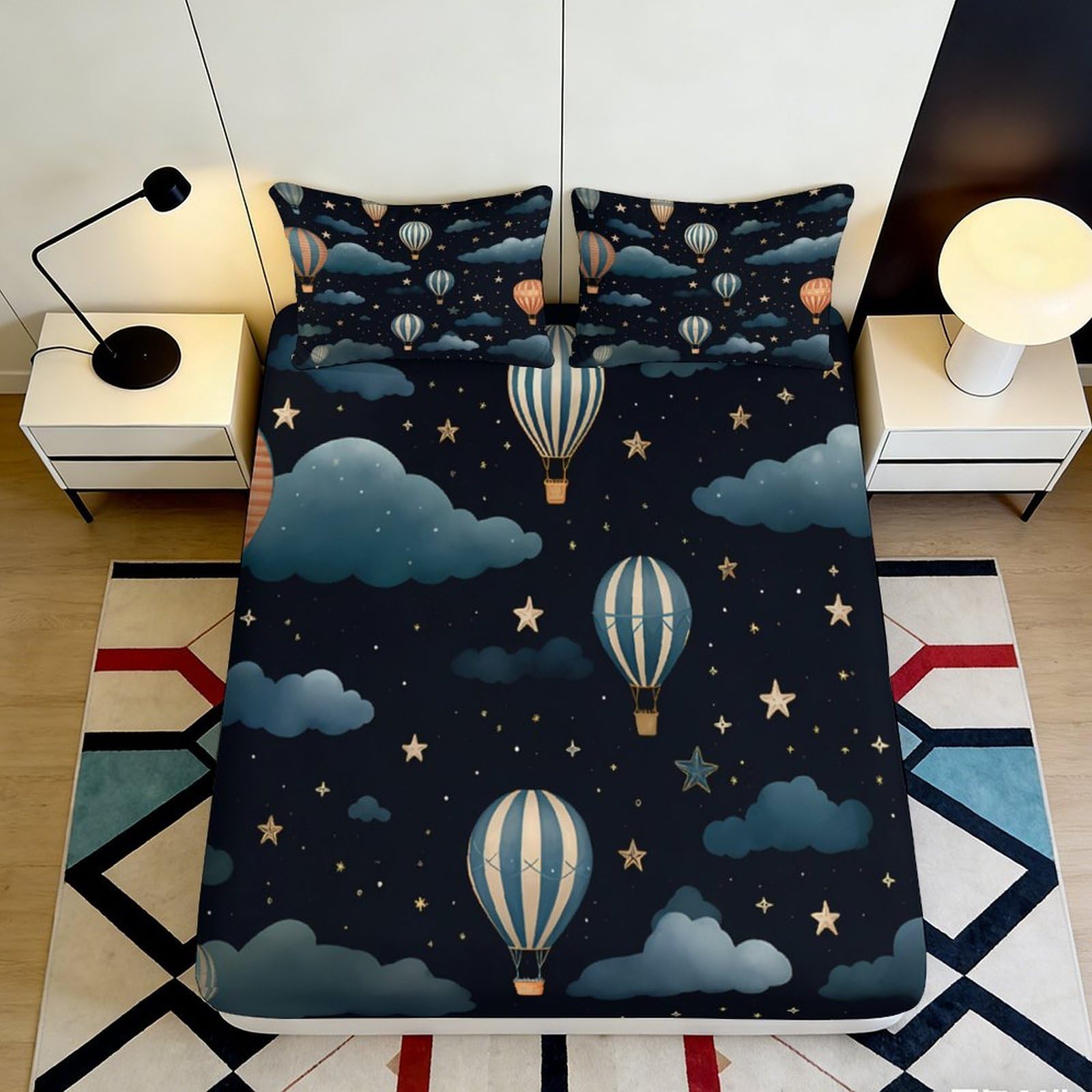 Pnayamiorkfel Style-1 3D Printed Hot Air Balloon Starry Sky Fitted Sheet Microfiber Navy Blue Clouds Mattress Cover Bedroom Decor 90X200x25cm