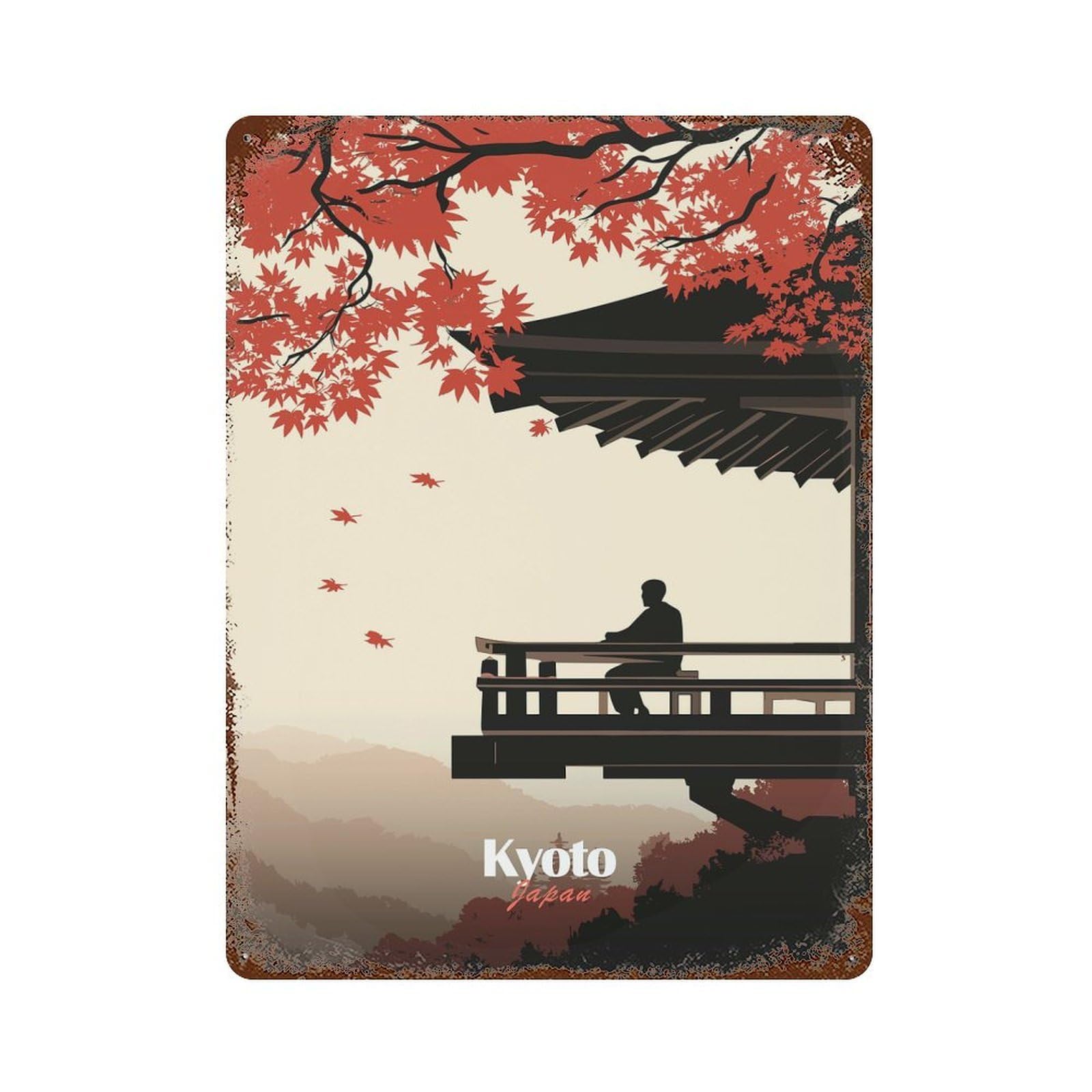 Kyoto Japan Silhouette Weathered Tin Sign 15.7"x11.8", Shabby Chic Decor for Garage, Pub Or Kitchen