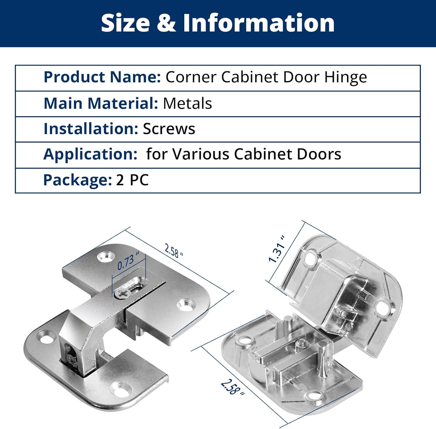 2-Pack Adjustable Concealed Pie Cut Corner Hinge 343.90.710 Lazy Susan Hinges Replacement for Grass 975, Mepla SSP 17, 19 & 21 Series Hinges, Cabinets/Corner Cabinet Bifold Door Hinge