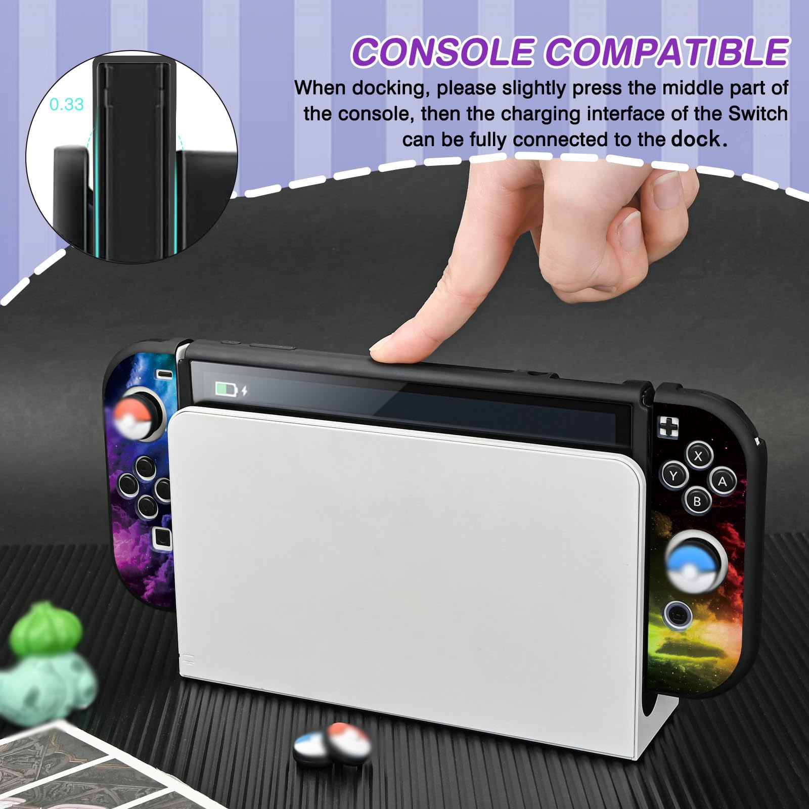 DLseego Funda para Switch OLED,Funda Protectora de TPU Compatible con Switch OLED Model, con 4 Fundas de Agarre para el Pulgar, Absorción de Impactos Anti-arañazos,Bolas de Duende OLED
