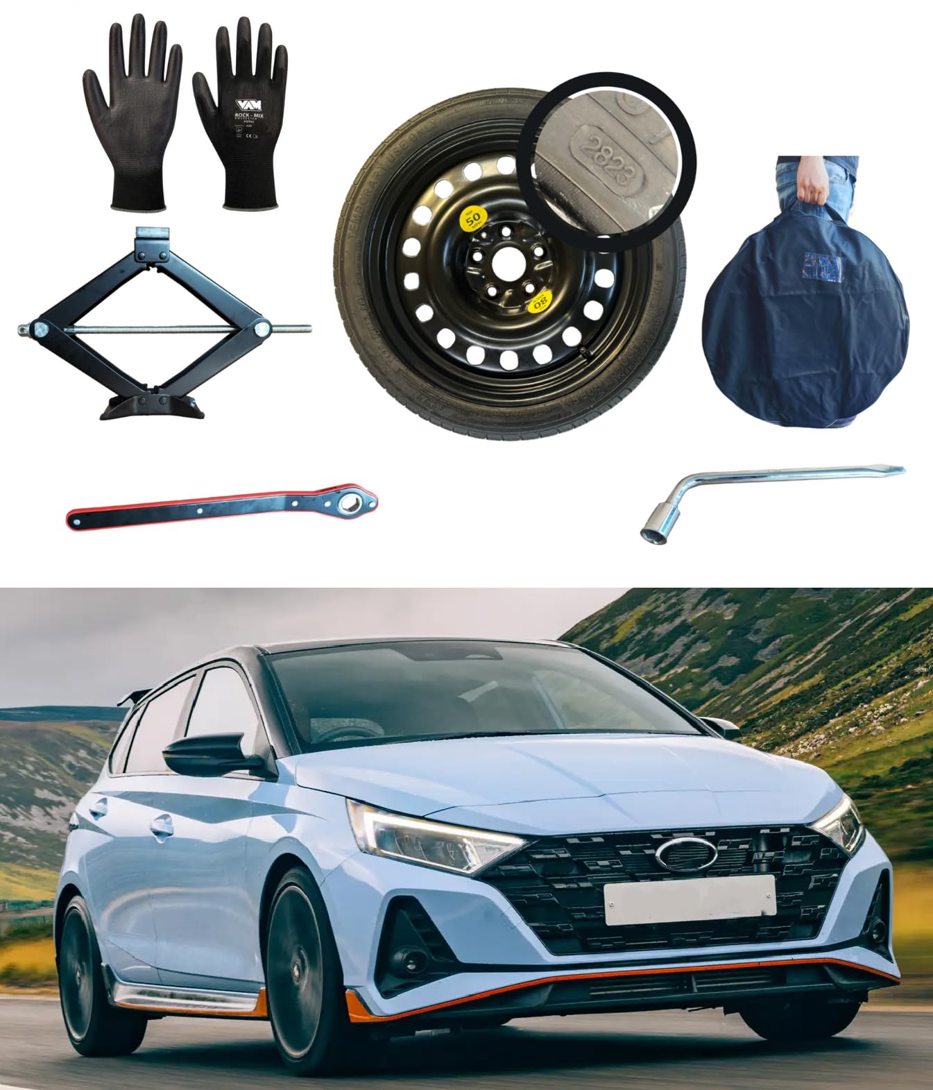 Kit rueda de repuesto 18" compatible con Hyundai I20N 1,6 T-GDI 204hp 2021> con gato, llave, guantes y bolsa