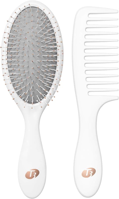 T3 Detangle Duo Brush Set | Detangling Brush and Shower Comb Set | Comb to Disperse Liquid & Brush to Detangle Wet Hair| For All Hair Lengths and Textures, white, 1 Count (Pack of 1)