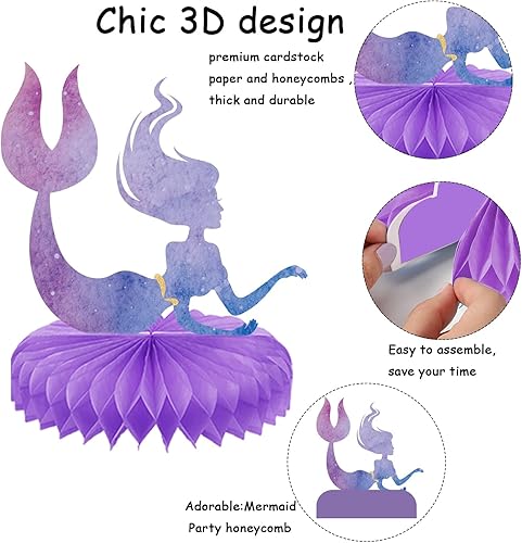 Miniatura 3 de 10 piezas de suministros de fiesta de sirena de cumpleaños de sirena centros de mesa para decoración de fiesta bajo el mar, panal de abeja para