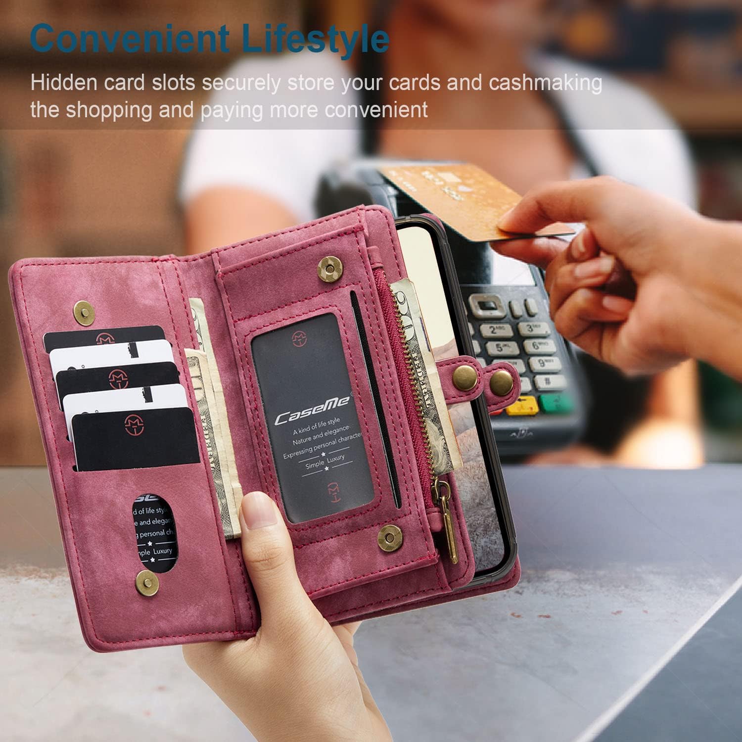 Simicoo Google Pixel 6A Leather Detachable Wallet Zipper Case with 11 Card Slots Holder Magnetic Case for Google Pixel 6A Flip Wallet Handle Wrist Strap Pocket Handbag (Pixel 6A, Red)