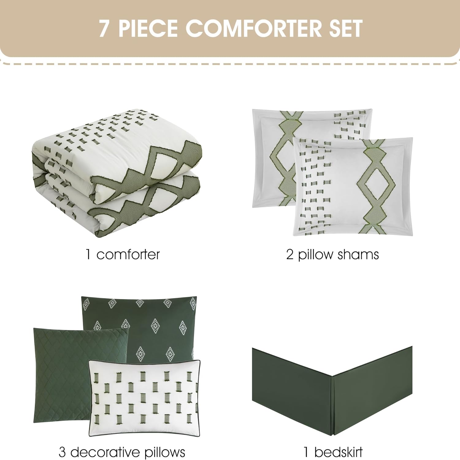 Grand Avenue 7 Piece White Green Comforter Set, Queen Size Clipped Bedding Set, All Season Geometric Bedding, Matching Pillows, Shams, Bed Skirt