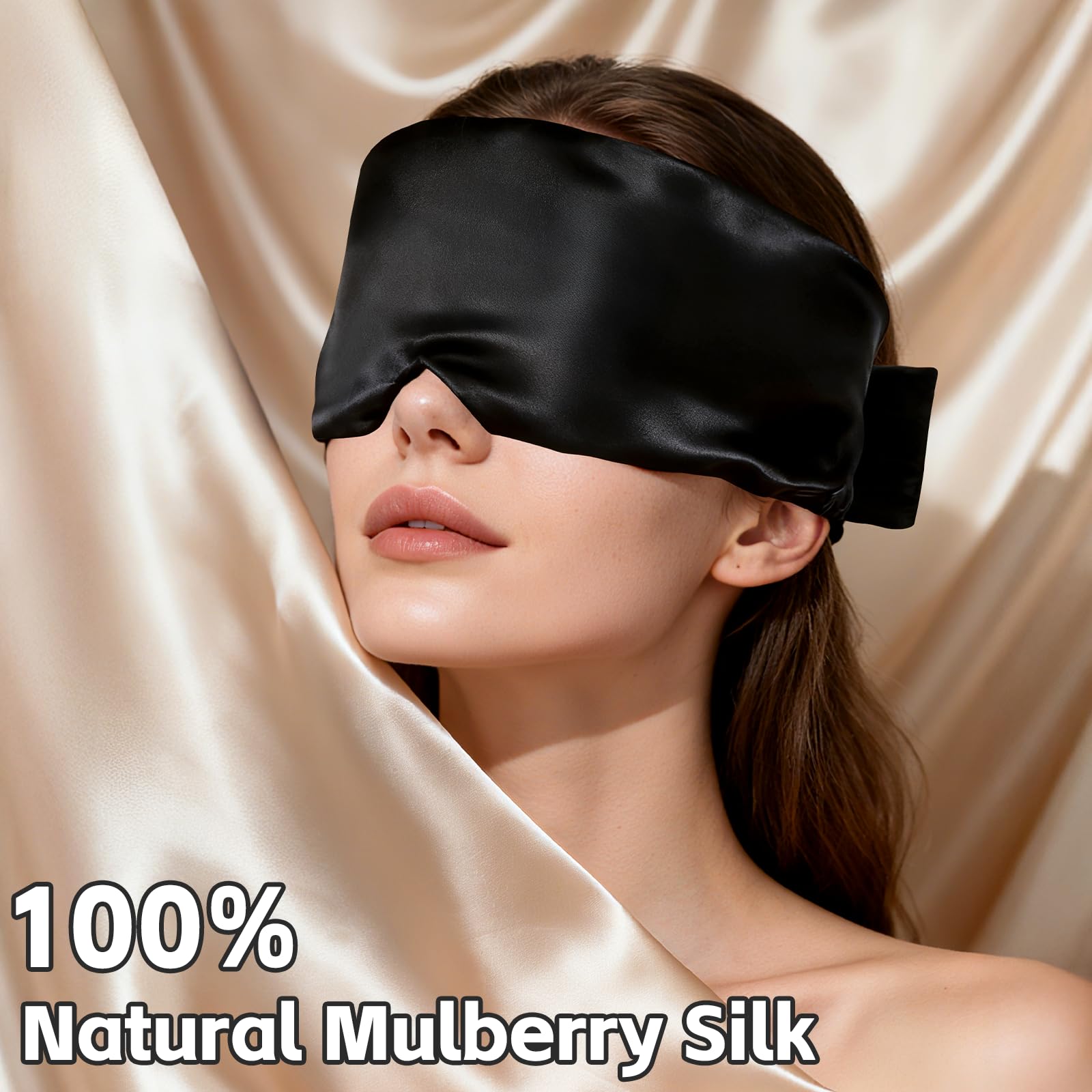 Sleep Mask Silk, maska ​​do snu maska ​​wykonana ze jedwabiu, miękka i oddychająca, śpiąca maska ​​z regulowanym opaską dla kobiet i mężczyzn (Czarny)