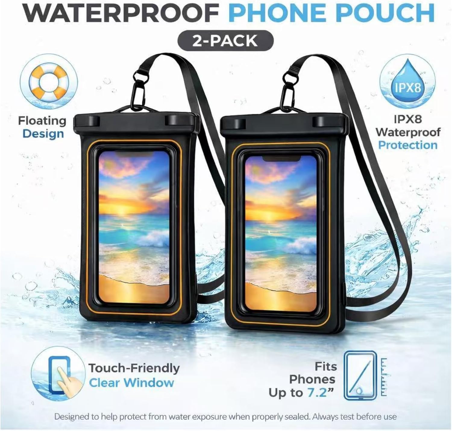 2-Pack IPX8 Floating Waterproof Phone Pouch, Dry Bag with Lanyard, Fits up to 7.2”, Compatible with iPhone 16/15/14/13 Pro Max, Galaxy S25/S24 Ultra, Pixel for Snorkeling, Kayaking(Black-Black) - Image 3