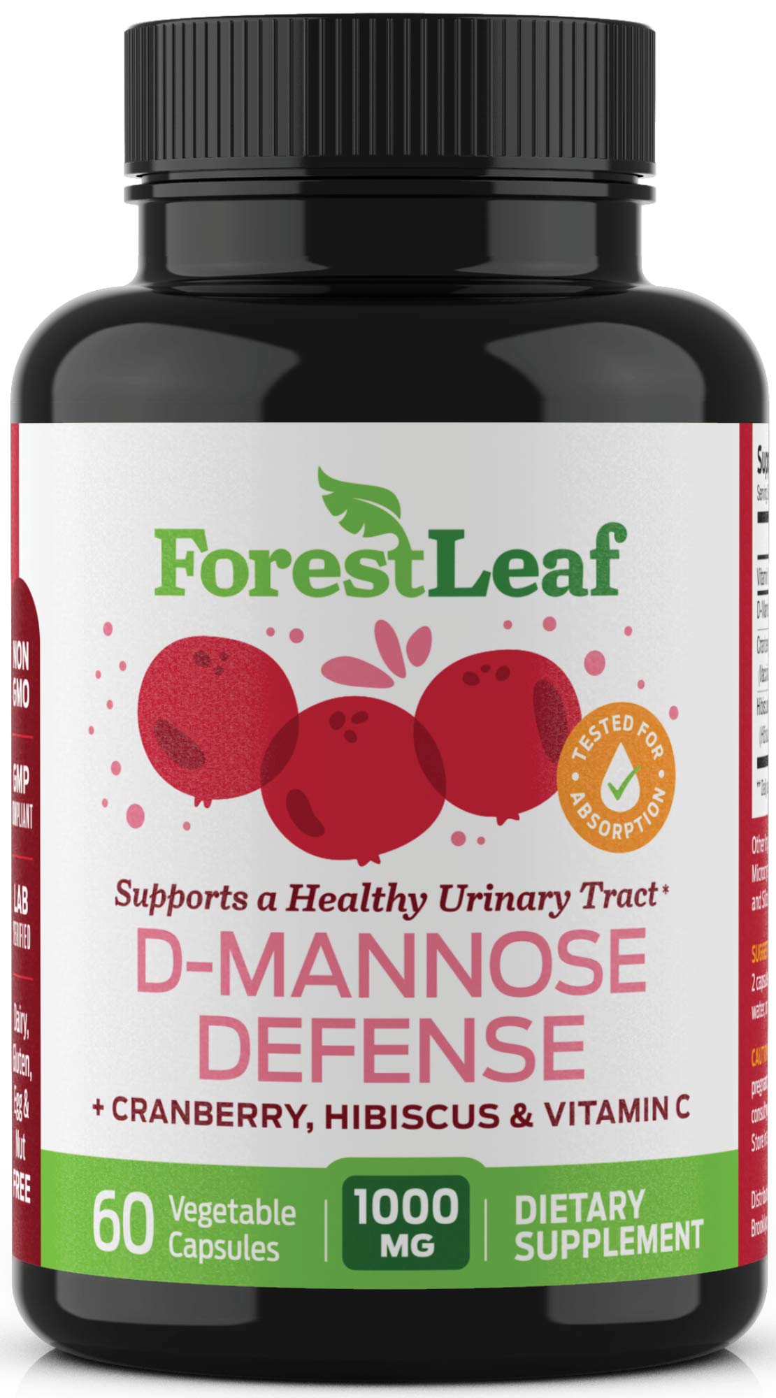ForestLeafD Mannose 1000mg Capsules - D-Mannose with Cranberry, Hibiscus & VIT C, Urinary Tract Health for Women and Men, Organic DMannose Pills for UTI, Urinary Health & Bladder Support 60 Capsules