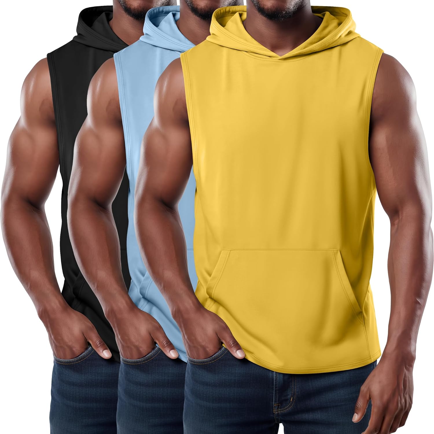 3 Pack Men's Workout Hooded Tank Tops Sleeveless Gym Hoodies Muscle Bodybuilding Cut Off Shirts