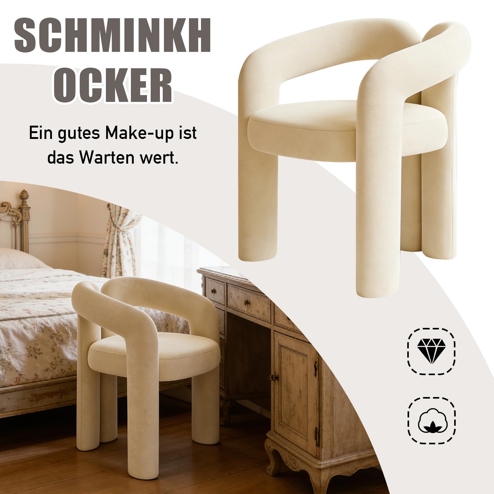 Esszimmerstuhl Samt, Moderner Armlehnstuhl mit gepolsterter (Beige) | Sitzfläche und Metallrahmen, Schminkstuhl, Polsterstuhl bis 100 kg für Esszimmer, Wohnzimmer, Schlafzimmer und Büro