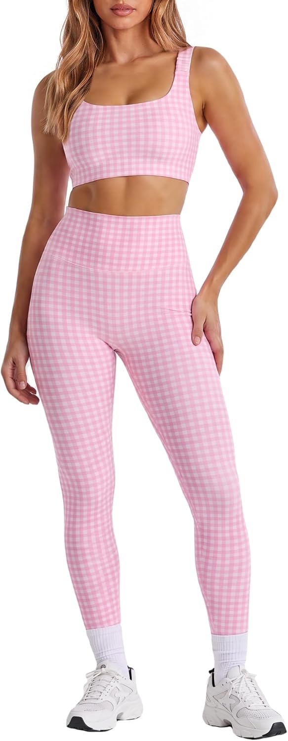 NEWHER Womens Gingham Workout Sets Sports Bra High Waist Leggings Sets Matching 2 Piece Athletic Outfits Activewear Sets