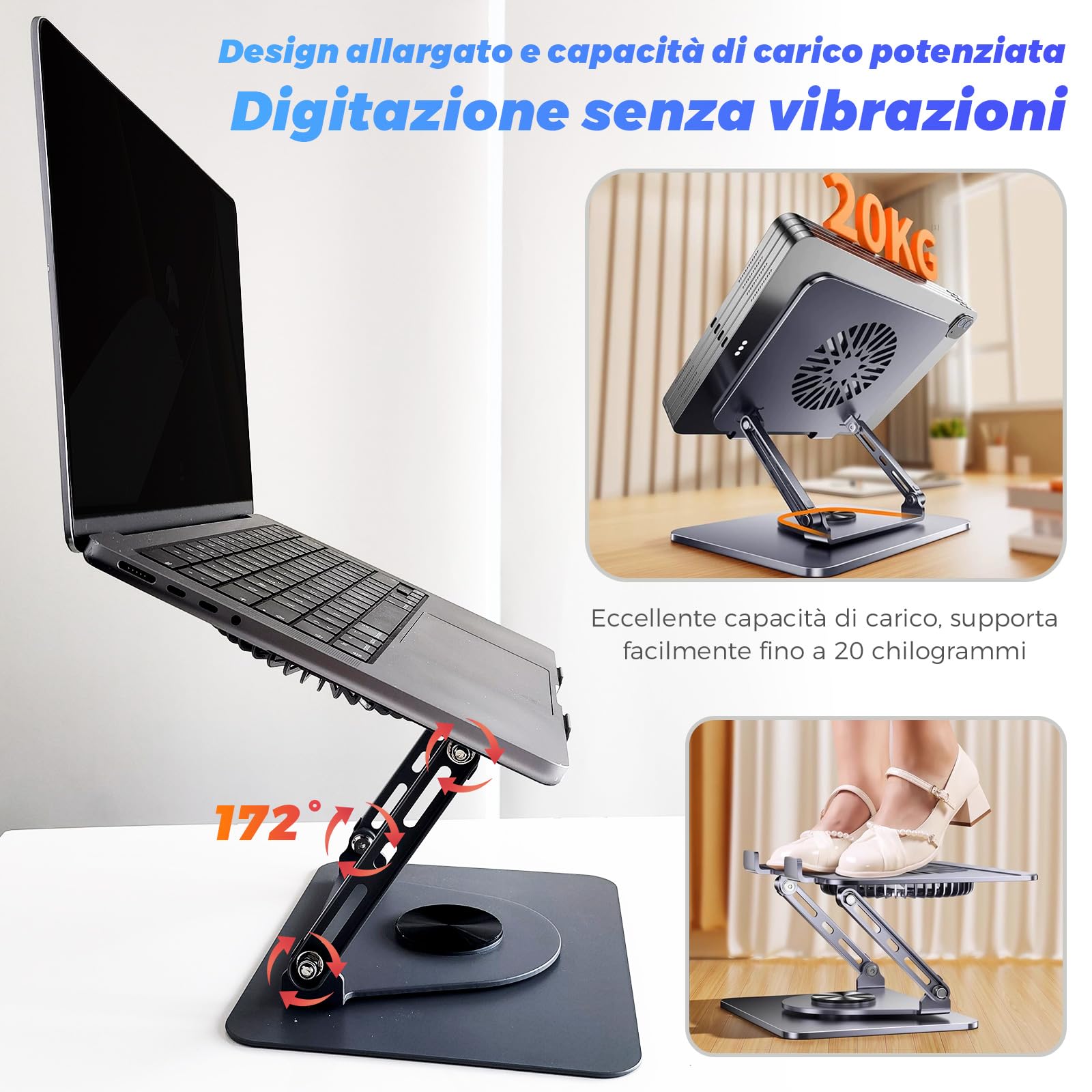 Supporto per laptop in alluminio, girevole a 360°, pieghevole, con ventola magnetica per raffreddamento, compatibile con MacBook e dispositivi da 10 a 17,3 pollici (grigio scuro)