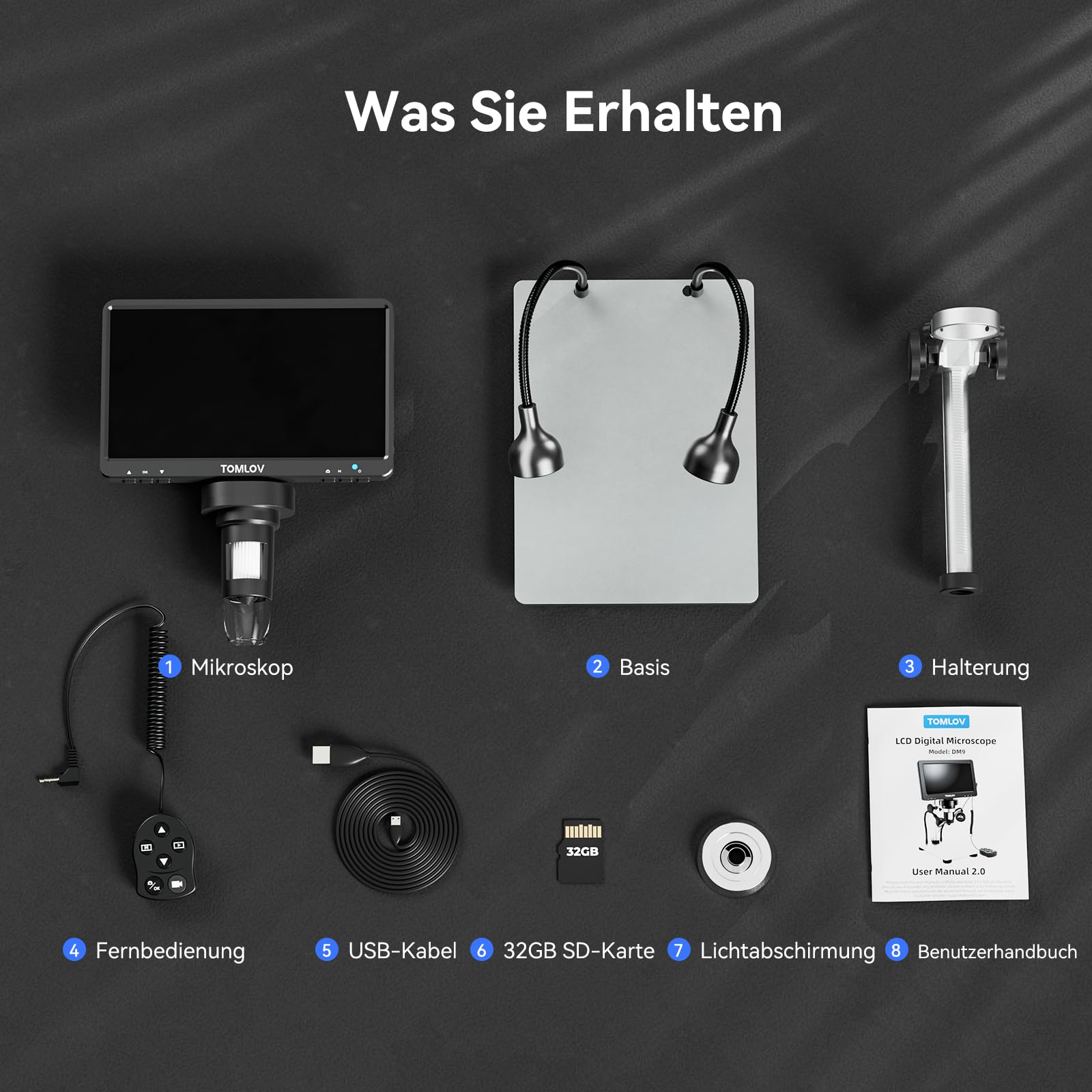 TOMLOV DM9 7" LCD Digital Mikroskop 1200X, 1080P USB Lötmikroskop, Handmikroskop mit einstellbarem Metallständer, 12MP Super präziser Fokus, LED-Volllicht, PC/Windows/Mac kompatibel, 32GB