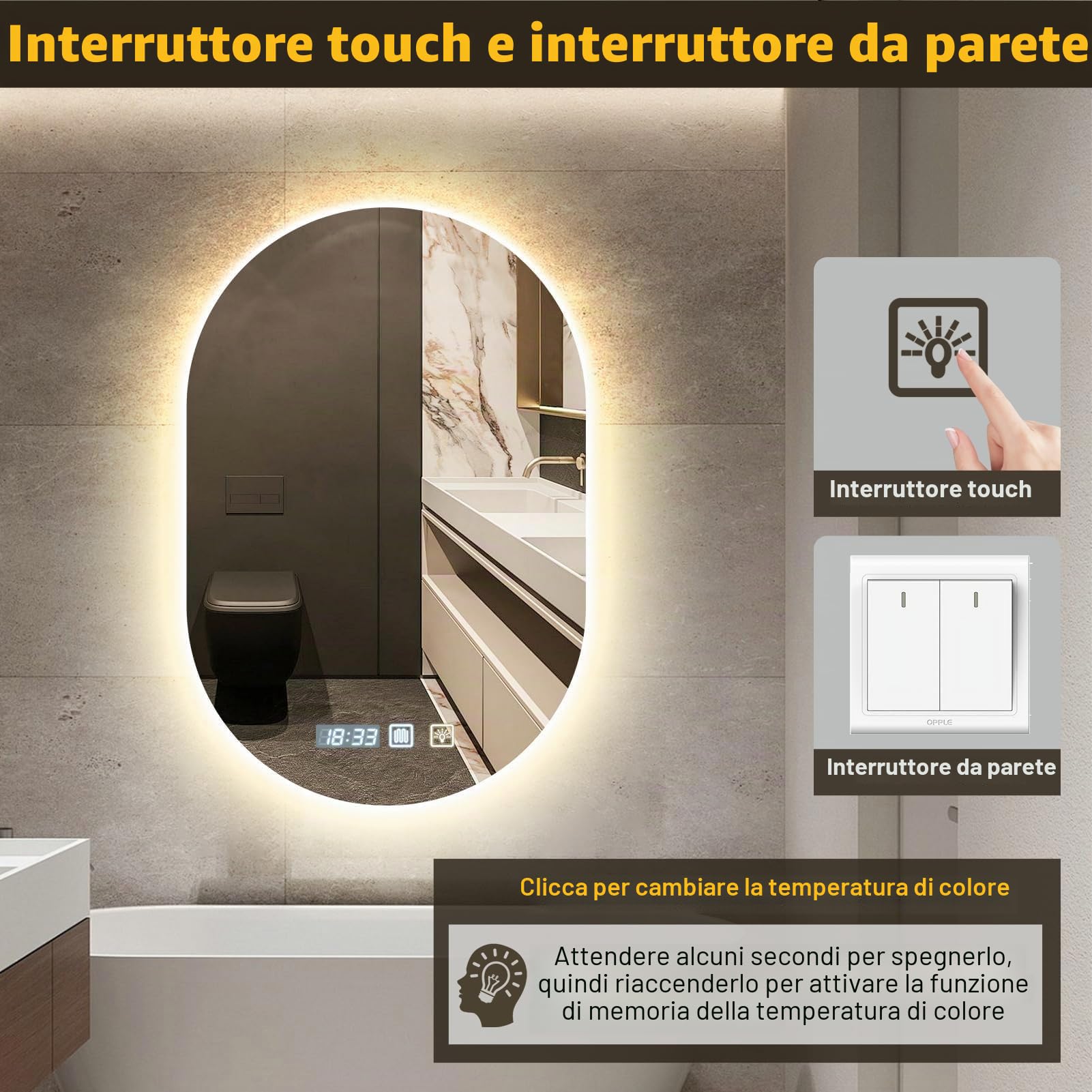 Viugreum Specchio da bagno con illuminazione 50x75cm, Specchio da bagno ovale a LED, Dimmerabile 3 colori della luce, Antiappannamento, Orologio, Interruttore touch, Specchio da bagno LED con
