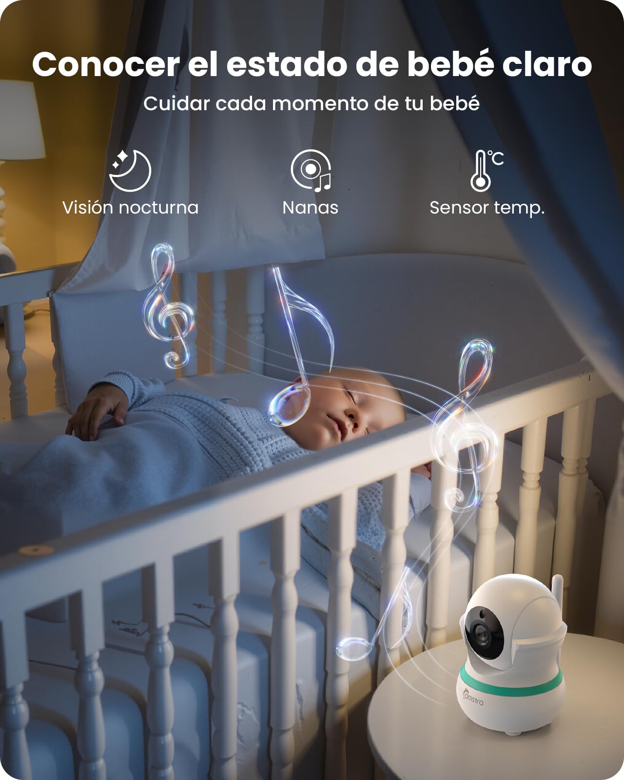 Babyphone cámara de 5 Pulgadas, 360°, Zoom 4X, visión Nocturna, Audio bidireccional, 5000 mAh, batería de recordatorio de alimentación, cunas, detección de llanto VOX sin WiFi, detección de