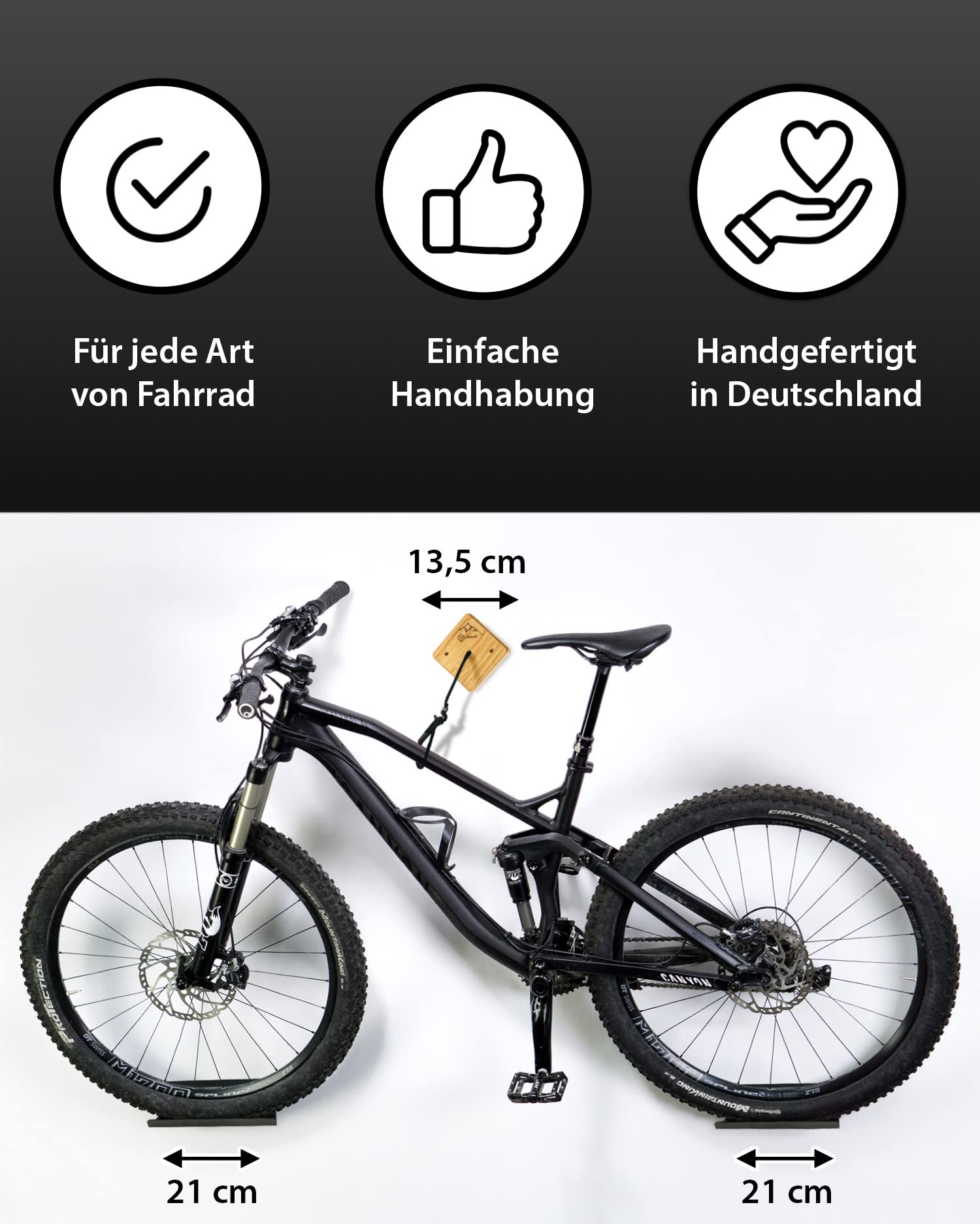 PARAX Fahrrad Wandhalterung U-Rack Holz – Fahrrad Halterung für MTB, E-Bike, Damenrad, Rennrad, Gravel Bike – Fahrradhalter Wand bis 35kg Indoor Aufbewahrung für Garage, Wohnung, Wohnzimmer