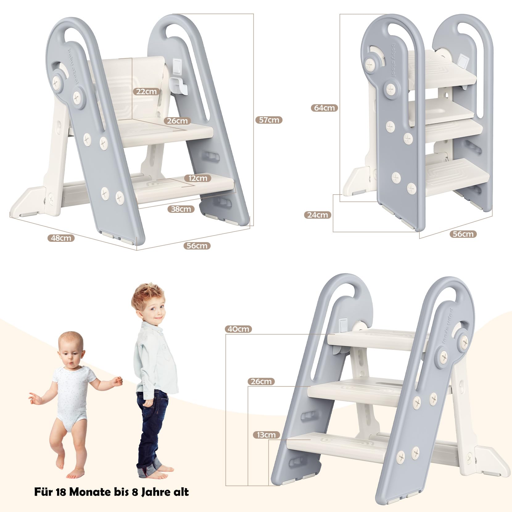 Tritthocker für Kinder Hocker Kinder Bad ab 1,5 bis 8 Jahren | 2 Stufen-3 Stufen Höhenverstellbar Kinder tritthocker | Klappbar | Sicherheit Handslauf | für Bad, Kleinkinderzimmer, Küche (Grauweiß)