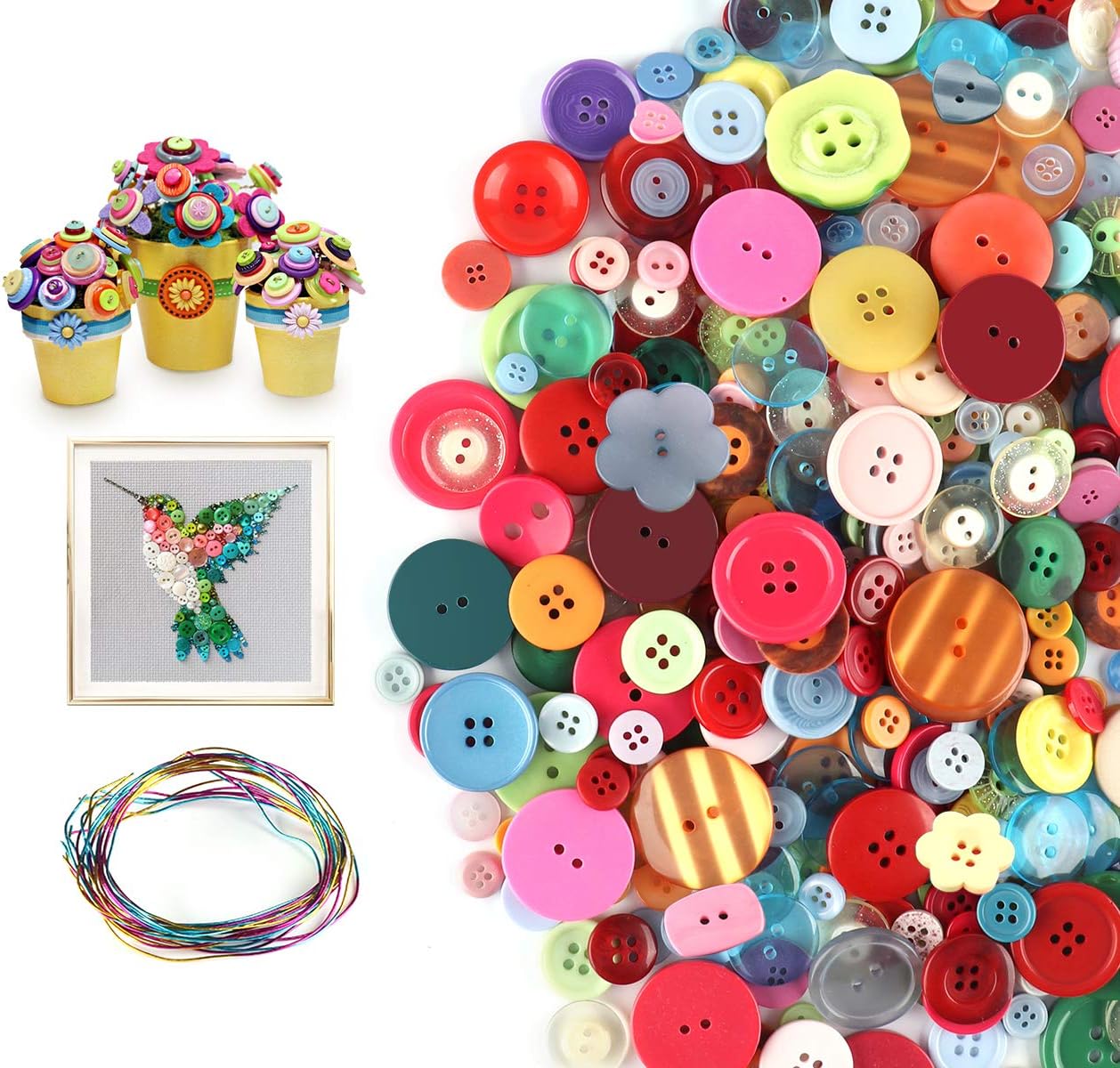 ilauke 1200 pcs Colorful Buttons, Mixed Colors Resin Craft Buttons with 10 pcs Colored Wires for Crafting, Sewing, Handmade Project, Manual Button Painting, 2 and 4 Holes(0.7-3 cm)
