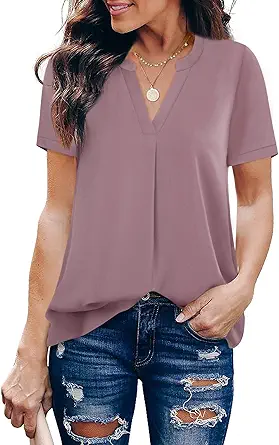 Timeson Women's V Neck Short Sleeve Curved Hem Sheer Chiffon Blouse Shirts Tops