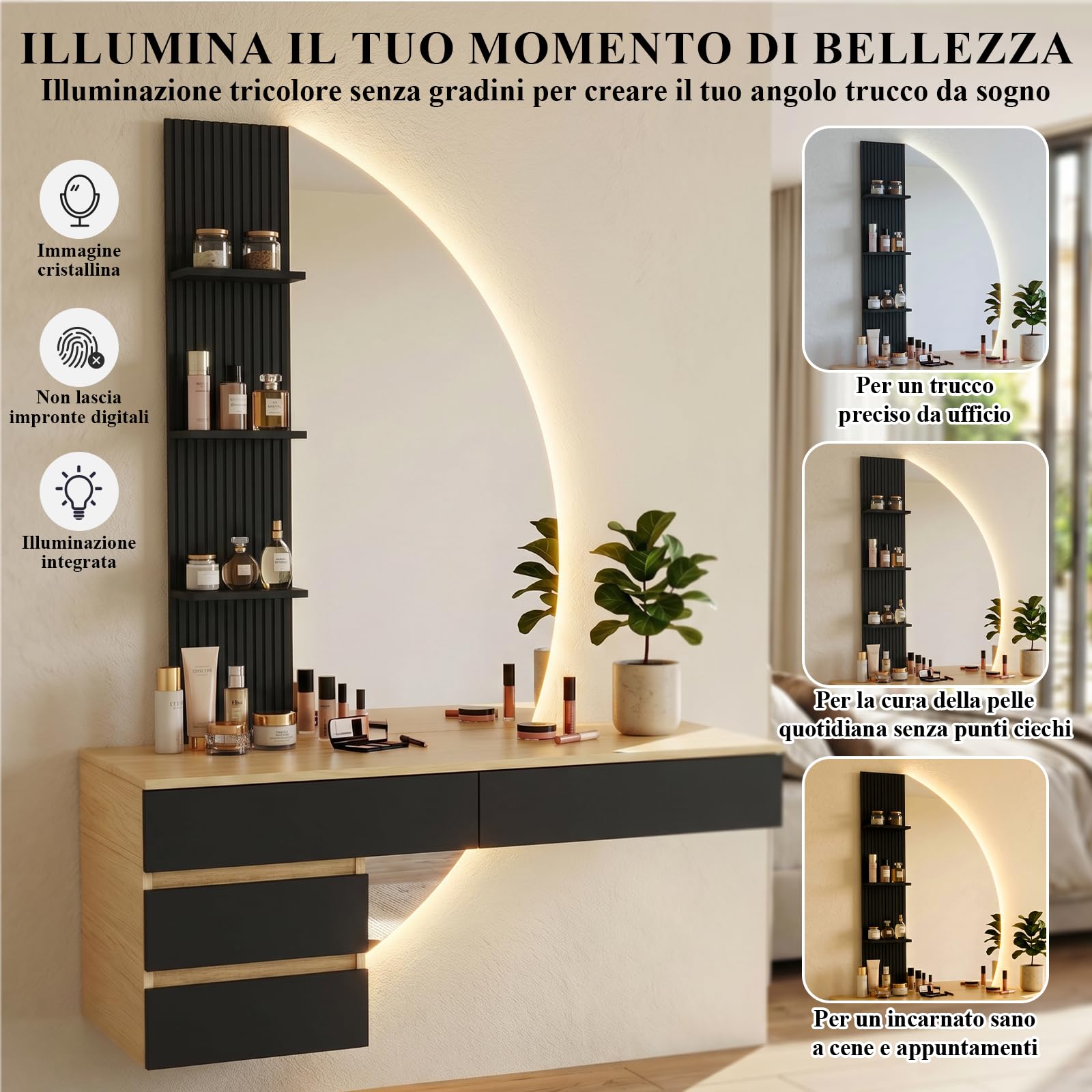 TRIUMPHKEY Tavolo da Trucco Sospeso con Luci LED e Specchio HD Dimmerabile, Moderno Comò da Camera da Letto con Ampio Spazio di Archiviazione, Toeletta Salvaspazio da Parete (Nero)