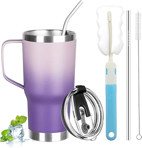 Miniatura 29 de Vaso de 20 onzas con asa, vaso aislado de acero inoxidable con tapa y popote, taza de café de doble pared con aislamiento al vacío, taza térmica