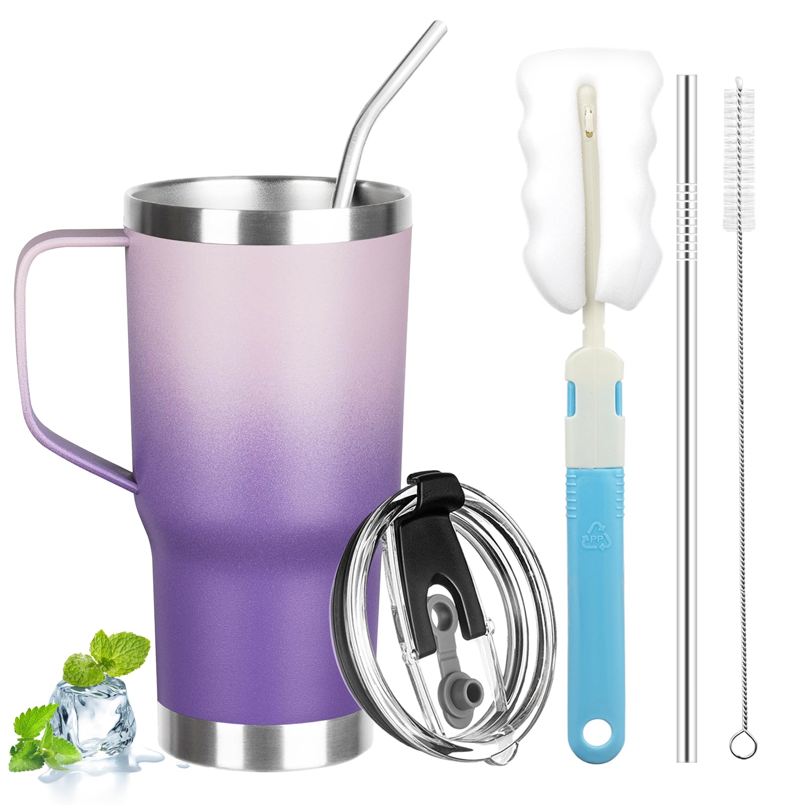 20 oz Tumbler with Handle, Stainless Steel Insulated Tumbler with Lid and Straw, Double Wall Vacuum Coffee Mug Tumbler, Insulated Coffee Thermal Cup for Cold and Hot (Light Dark Purple, 20, ounces)