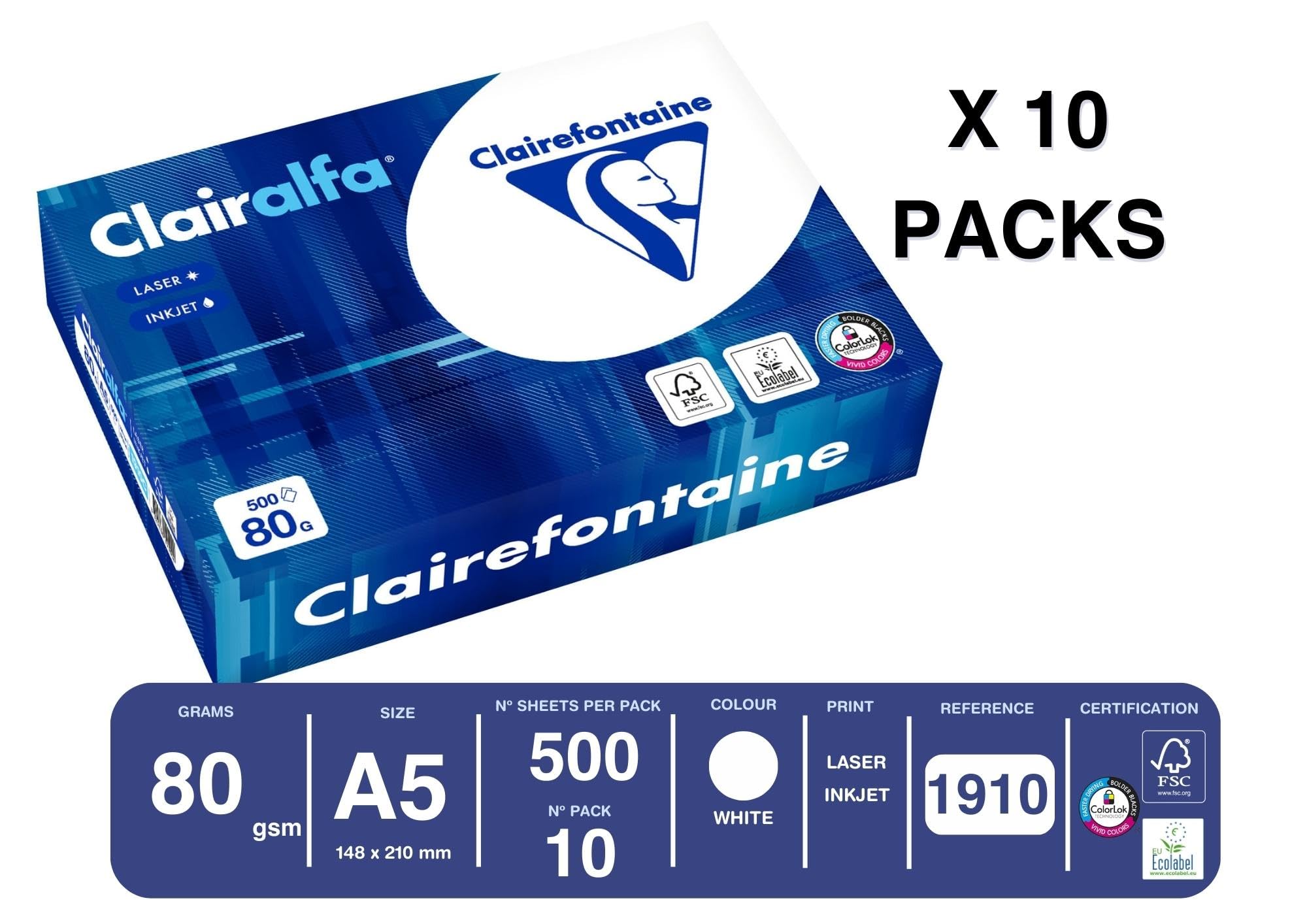 Clairefontaine 1910C - Karton mit 10 Ries Druckerpapier / Kopierpapier Clairalfa, extraweiß, DIN A5, 80g, 500 Blatt x 10, Weiß, 1 Karton