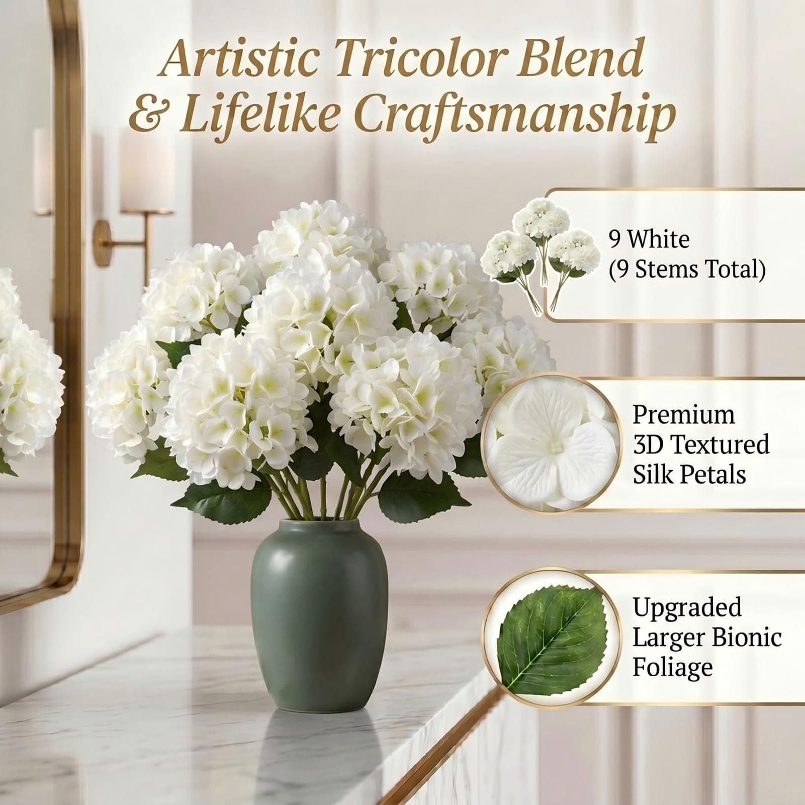 9 fiori di ortensia artificiali, con steli allungati, facili da modellare, ideali per composizioni floreali in vaso su portico, patio, matrimoni, feste e decorazioni(B)