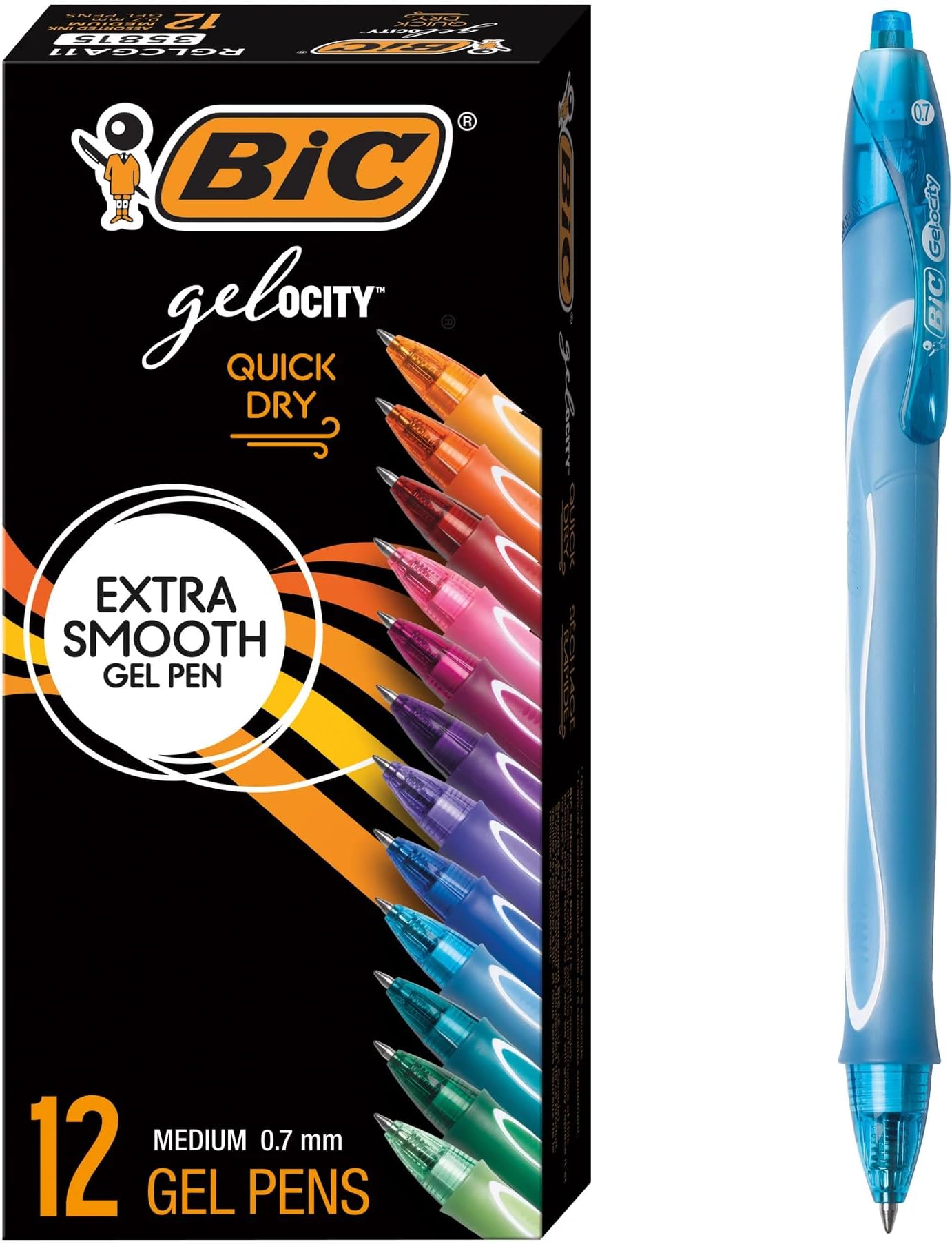Gelocity Quick Dry Assorted Colors Gel Pens, Medium Point (0.7mm), 12-Count Pack, Retractable Gel Pens With Comfortable Full Grip