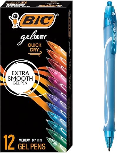 BIC Gel-ocity Quick Dry Assorted Colors Gel Pens (Colors May Vary), Medium Point (0.7mm), 12-Count Pack, Retractable Gel Pens With Comfortable Full Grip (RGLCGA11-AST)