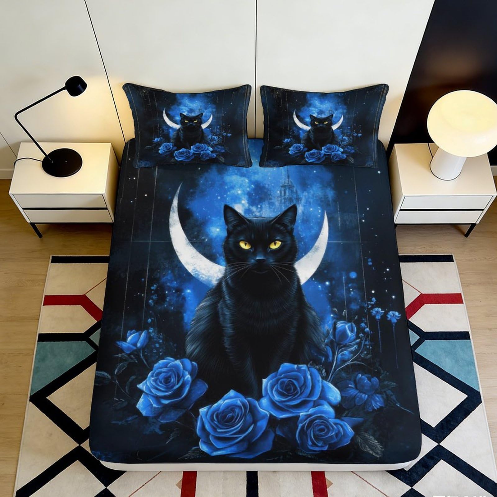 3D Printed Black Cat Moon Fitted Sheet Microfiber Deep Pocket Full Wrap Bedroom Black Cat Moon Mattress Fitted Cover Non-Slip Washable 180x200x25cm