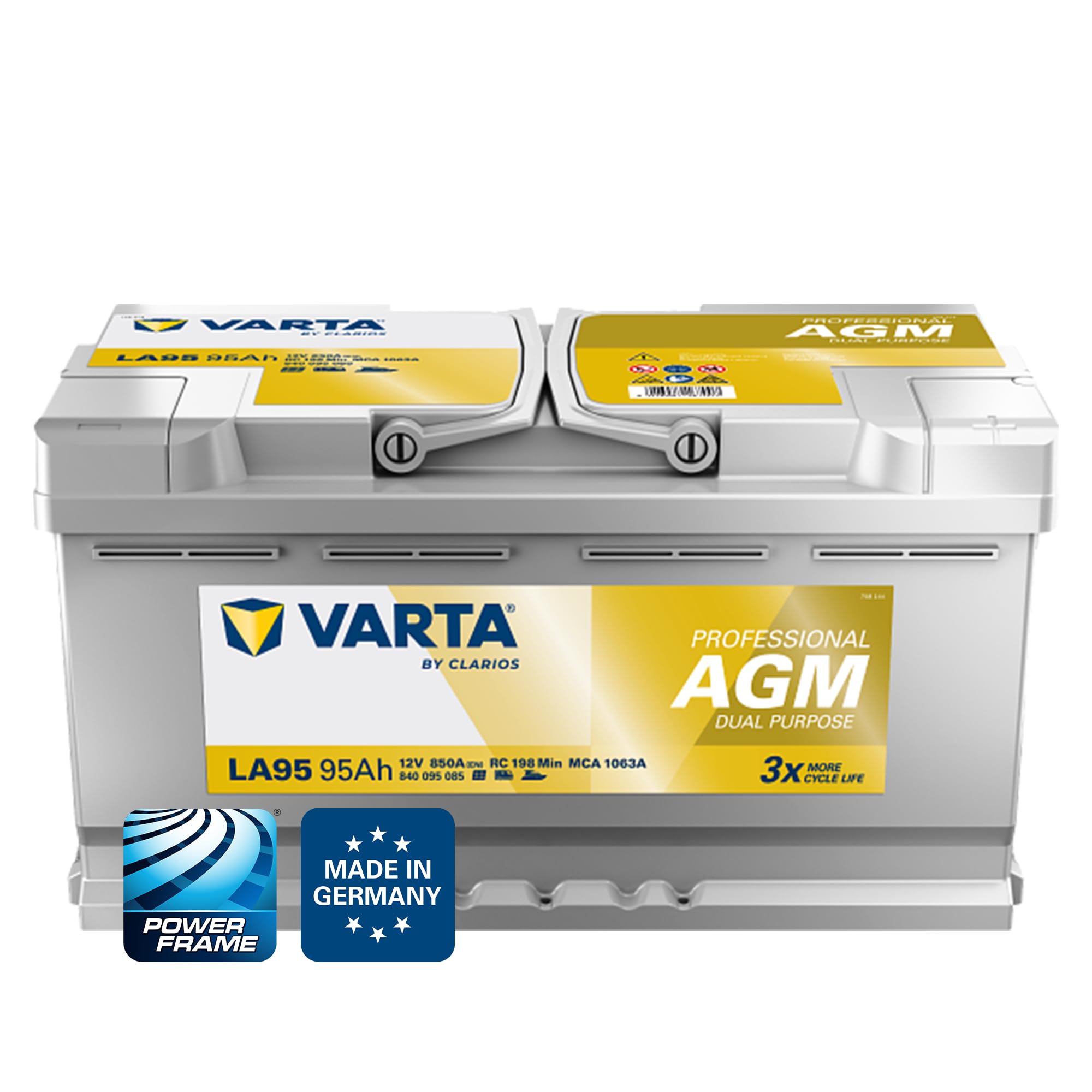VARTA Professional Dual Purpose AGM (LA95) 12V 95Ah 850A - Nassbatterie für Wohnmobile, Wohnwagen & Boote - Resistente Starter- & Versorgerbatterie hoher Energiebedarf - Bleisäurebatterie wartungsfrei