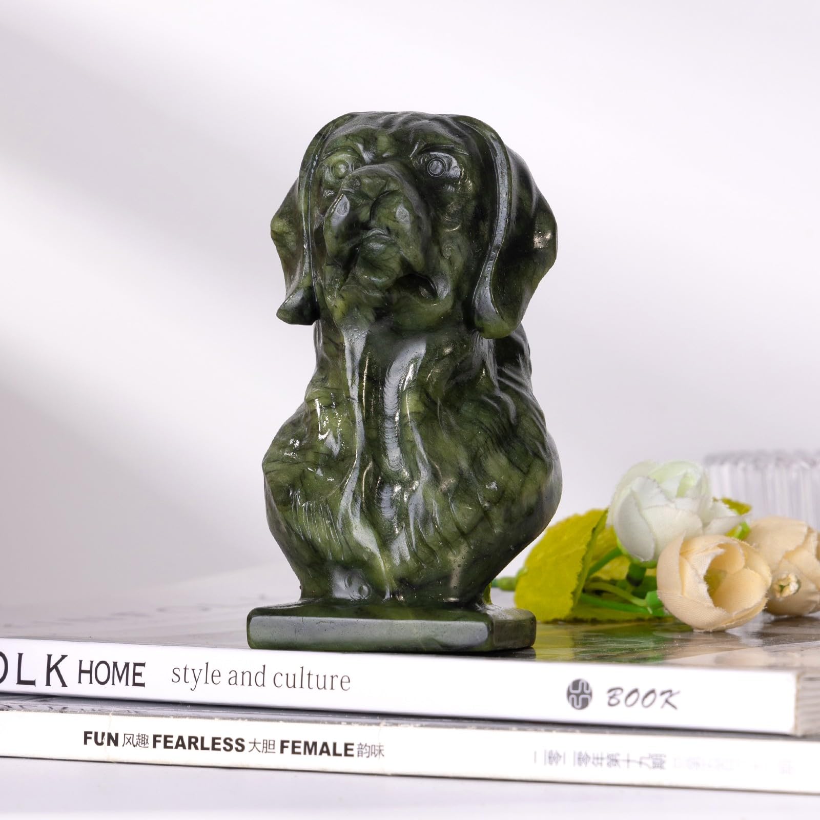 mookaitedecor Hand Carved Natural Green Jade Crystal Stone Dog Figurine Sculpture Animal Ornament for Home Crystal Dog Bust Art Statue Novelty Gift for Dog Lover Collectible Figurine Green Room Decor - Image 3