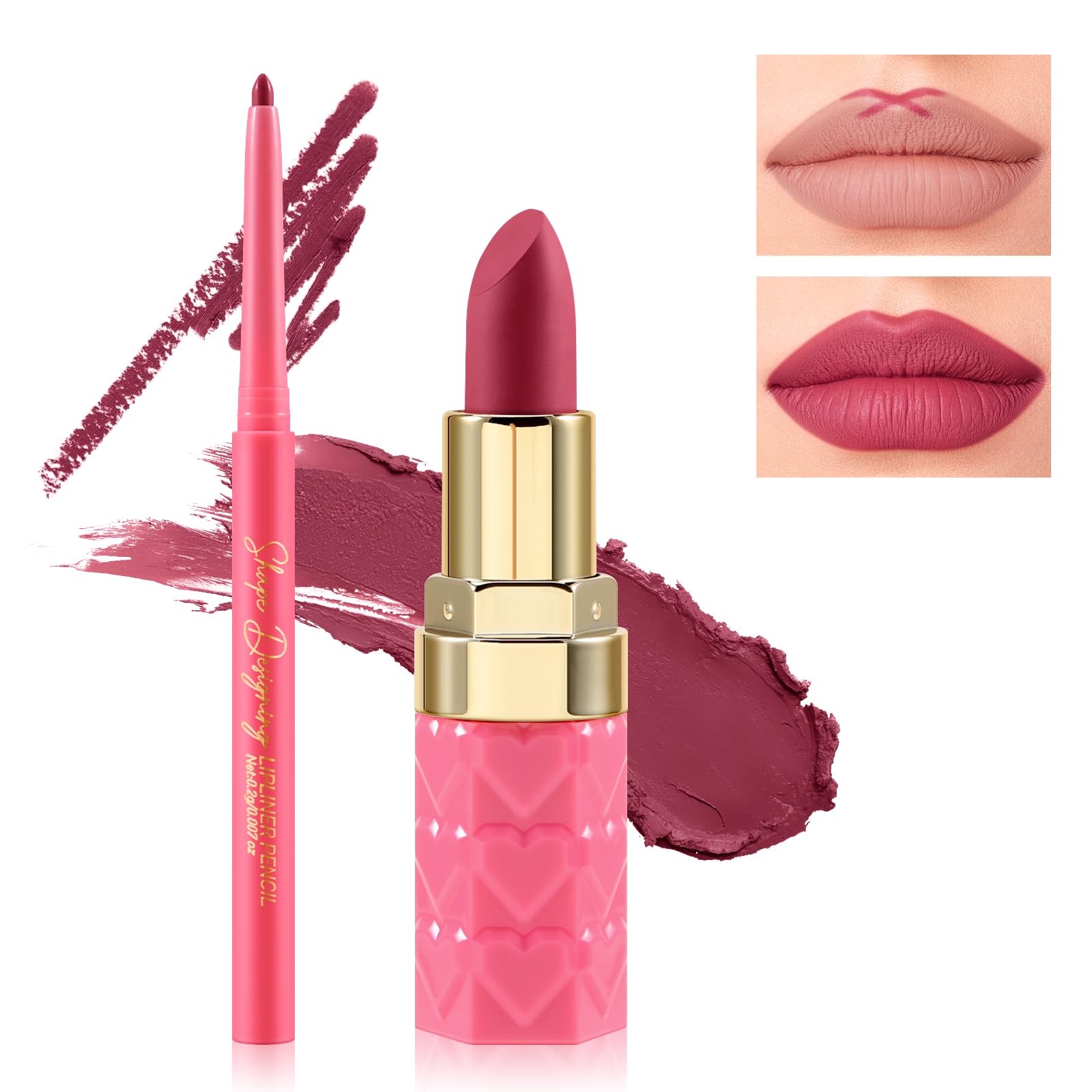 Boobeen 2Pcs Lápiz de labios y lápiz labial Set de maquillaje, lápiz de labios aterciopelado desnudo Lipliner Lip Gloss Maquillaje Juegos de regalo para las mujeres