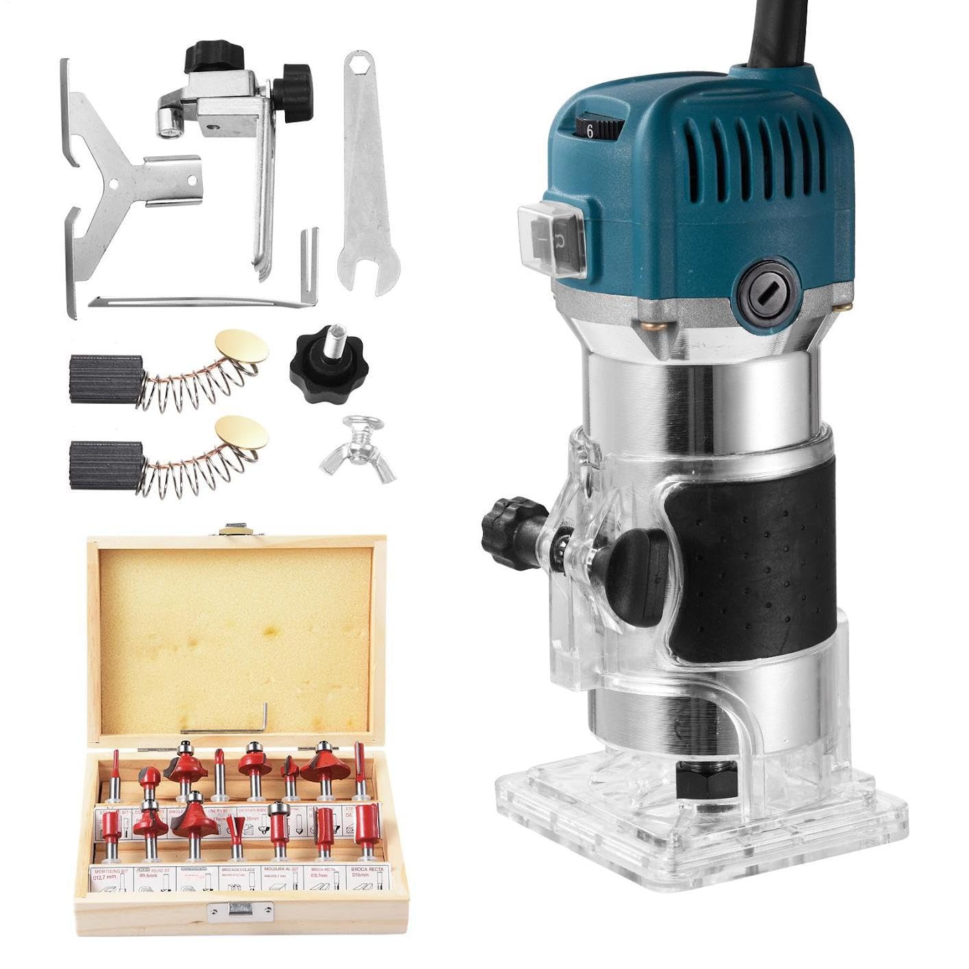 Fresa Para Madera 800W | Herramienta Eléctrica De 40000 RPM Con 6 Velocidades | 15 Fresas De 1/4" + Accesorios | Cortadora De Precisión Para Trabajo En Madera Y