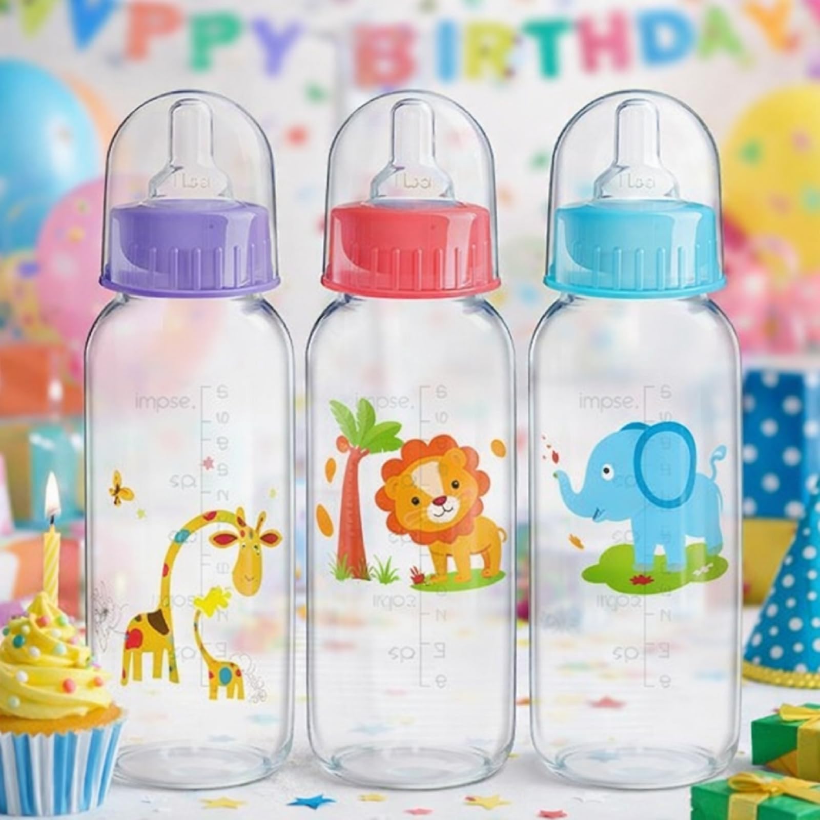 Norme 24 botellas de plástico de 9.5 onzas para baby shower, juegos, fiestas, botellas de leche para niños, decoraciones de cumpleaños, regalos, elefante, león, jirafa (recto)