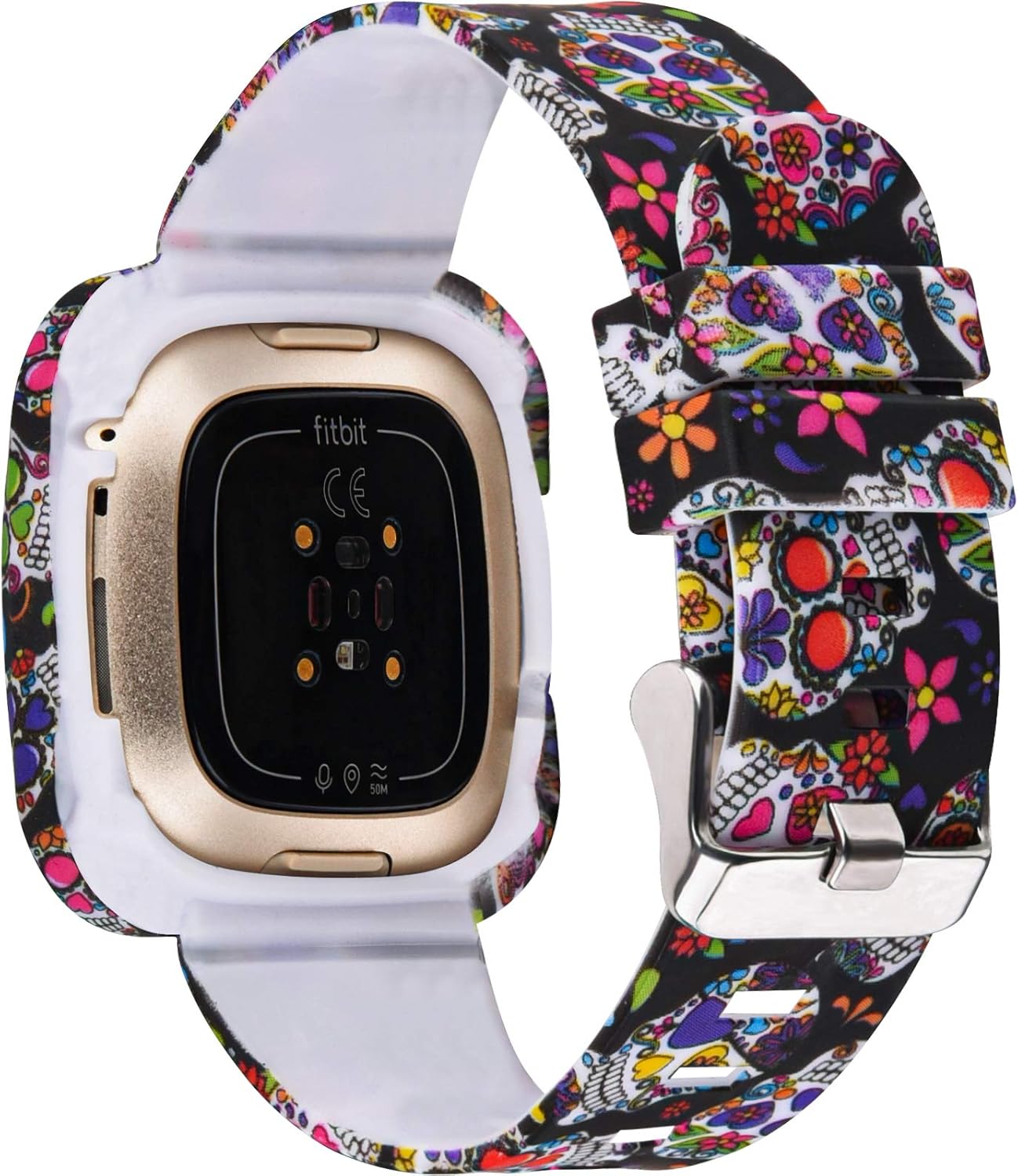 CAGOS Bands Compatible with Fitbit Versa 3 with Case for Women and Men, Floral Soft Silicone Sport Strap Replacement Adjustable Multicolor Wristband for Fitbit Versa 3 Smartwatch (Skull)