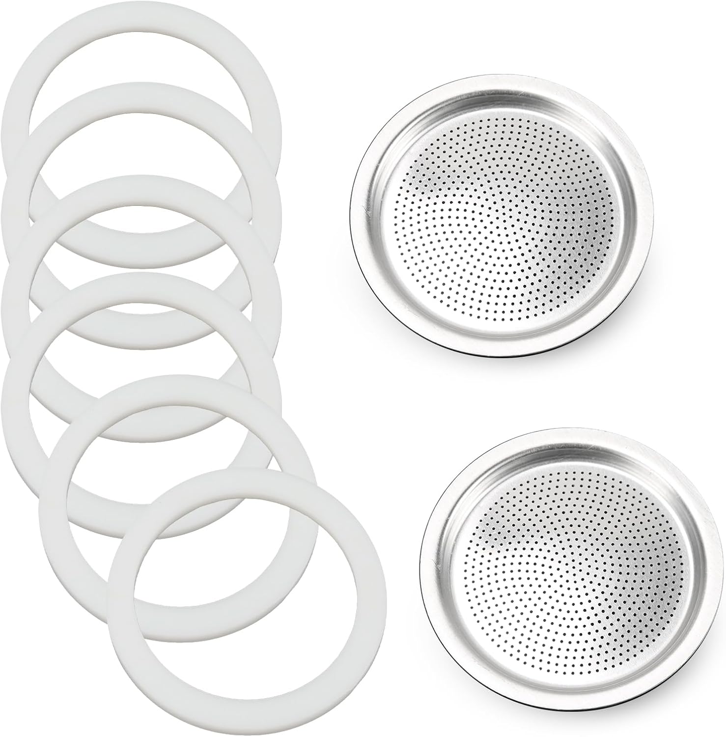 Moka Pot Spare Parts Replacement for Bialetti 9 Cup, Moka Pot 9 Cup Silicone Gasket and Food-grade Aluminum Filter Plate Compatible with Moka Express/Moka Induction/Venus, 6 Pcs Gasket and 2 Plate.