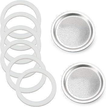 Moka Pot Spare Parts Replacement for Bialetti 9 Cup Gasket and Plate | Silicone Gasket and Aluminum Filter Plate Compatible with Moka 9 Cup Express/Moka Induction/Venus, 6 Pcs Ring and 2 Plate.