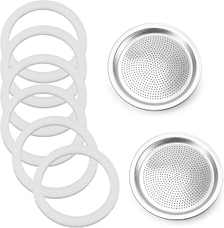 Moka Pot Spare Parts Replacement for Bialetti 9 Cup Gasket and Plate | Silicone Gasket and Aluminum Filter Plate Compatible with Moka 9 Cup Express/Moka Induction/Venus, 6 Pcs Ring and 2 Plate.