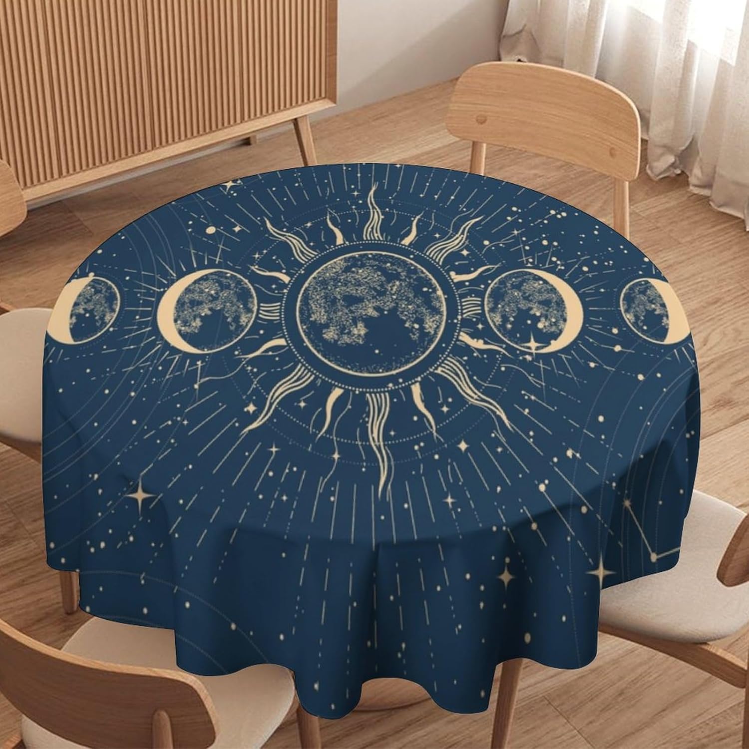 Sun Moon Phase Round Table Cloth, Galactic Planet Geometry Tablecloth Circle Table Cover for Home Kitchen Dining Room Party Outdoor Picnic, 60x60 Inch Roun