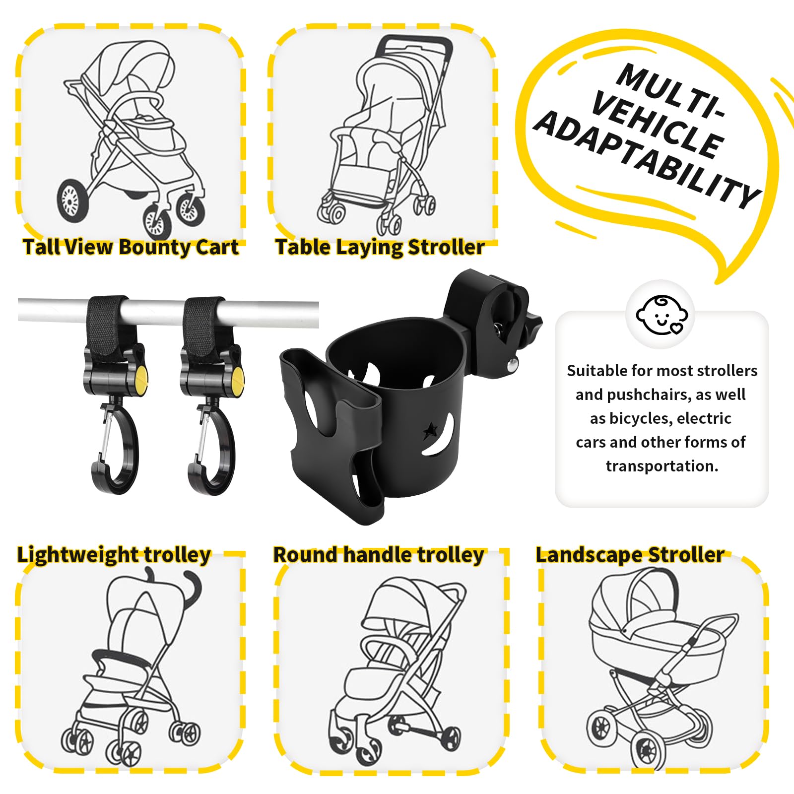 Portavasos Carrito Bebe con 2 Gancho Carro Bebe Ajustable y Versátil Porta Vasos para Biberones Bebidas Termos Vasos Teléfonos Móviles,Soporte Botella Bicicleta para Sillas de Ruedas Carritos